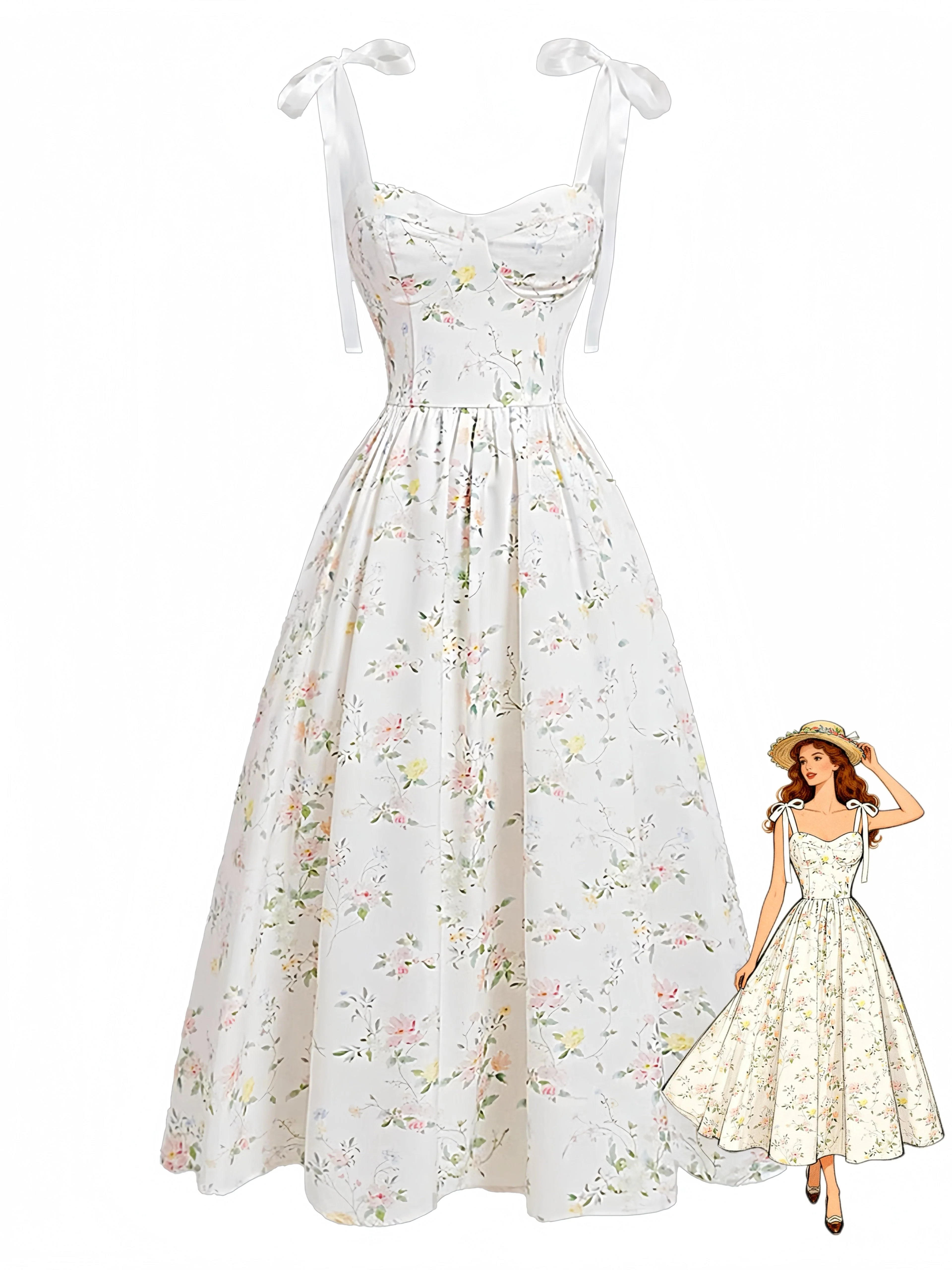 White 1940s Floral Shoulder-Tie Smocked Dress