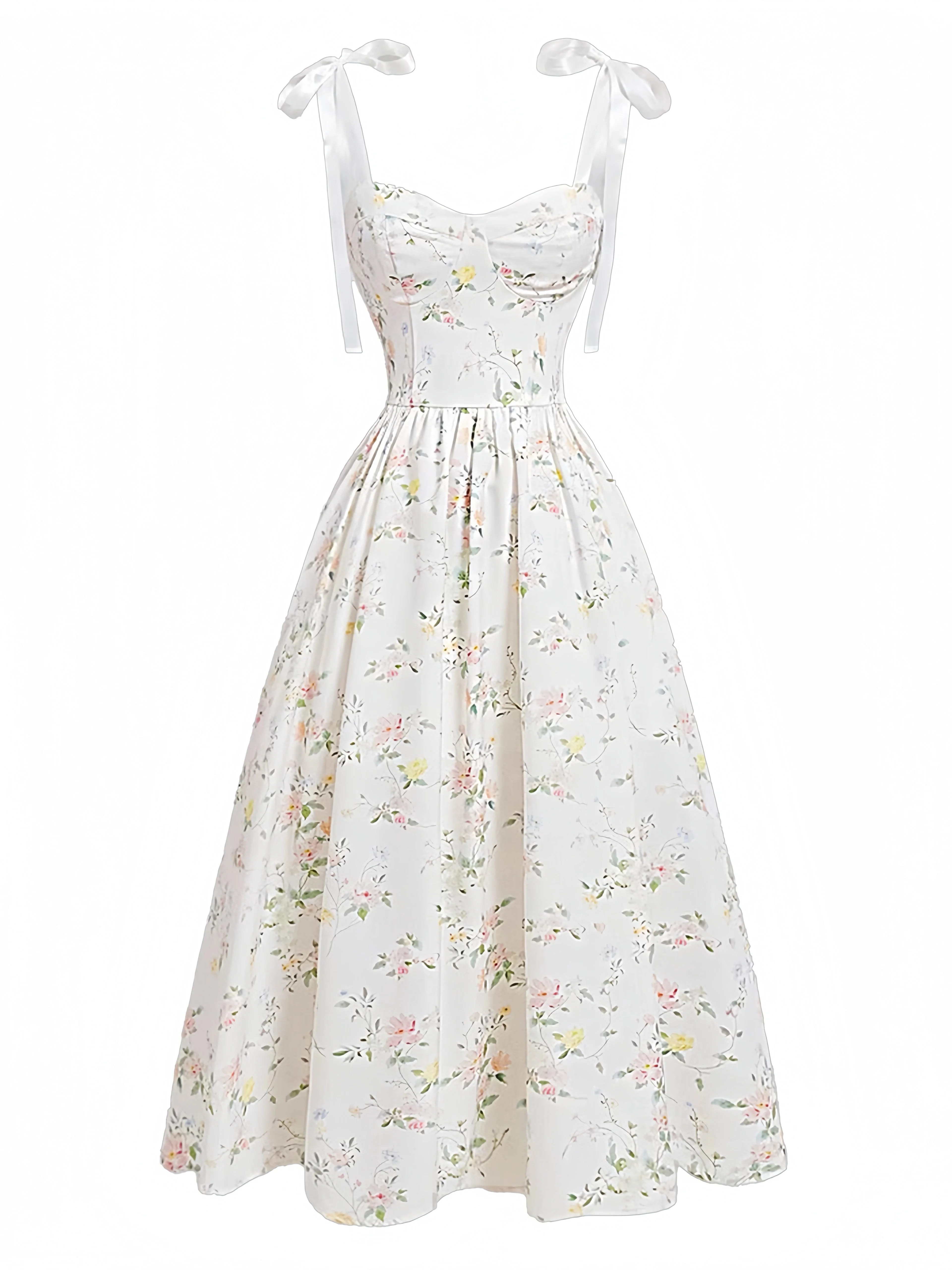 White 1940s Floral Shoulder-Tie Smocked Dress - Image 2
