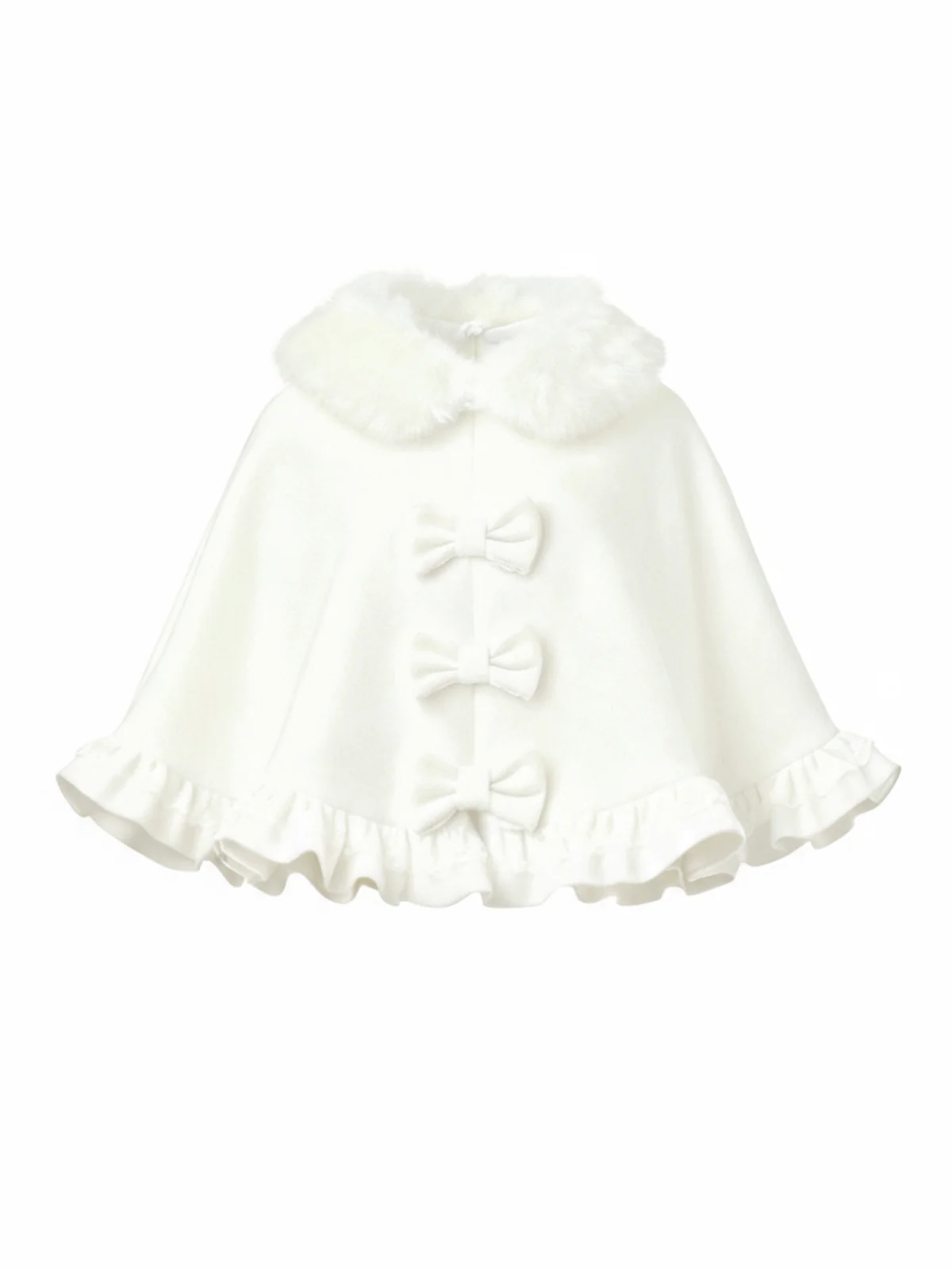 White 1940s Fur-Collar Bow Ruffled Hem Cape