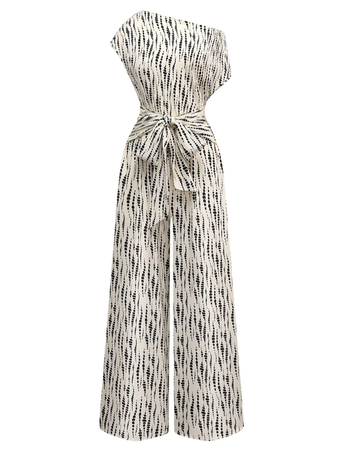 White 1940s Ink Stains Oblique Neck Jumpsuit