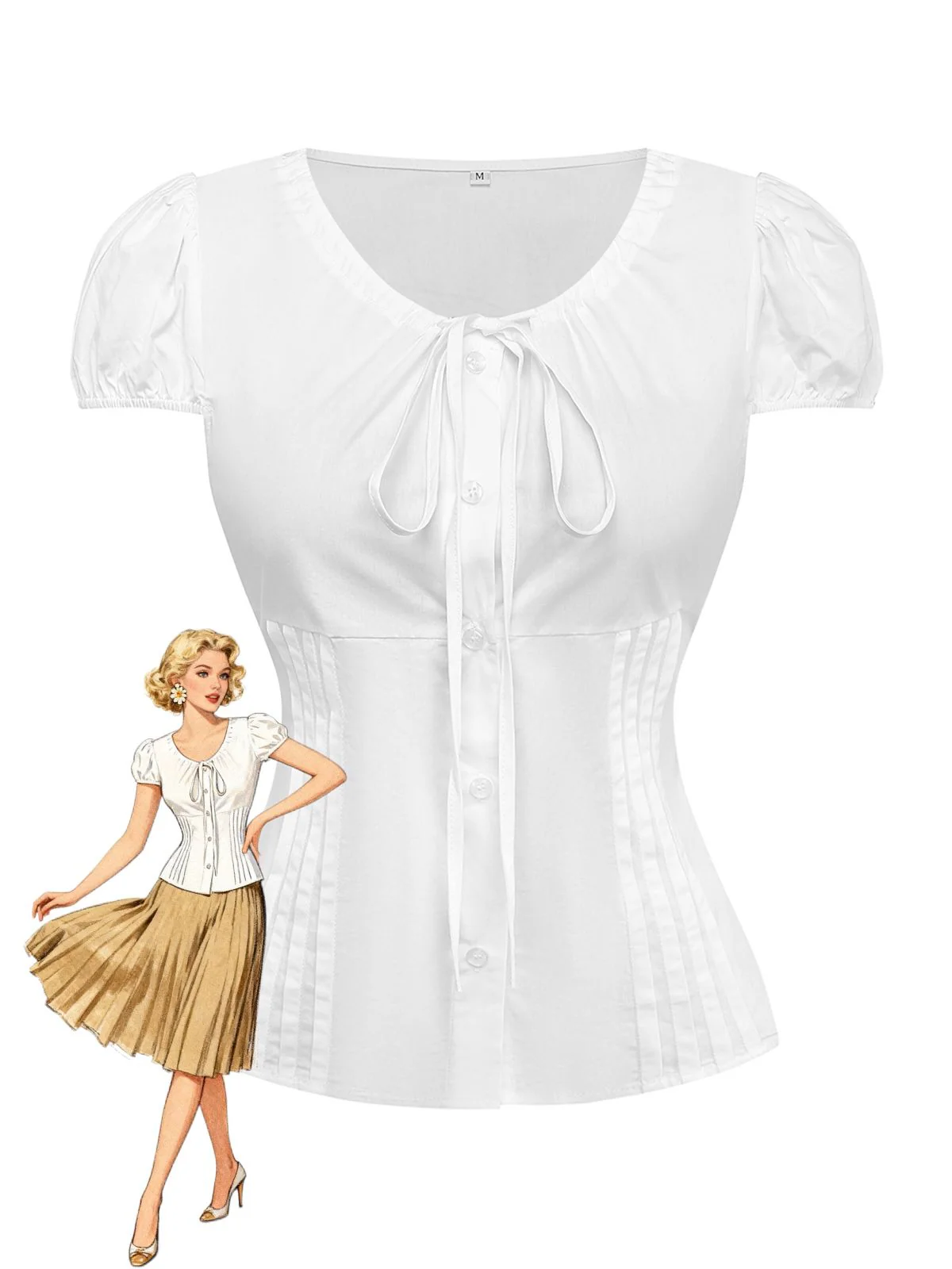White 1940s Round Neck Fitted Waist Solid Blouse
