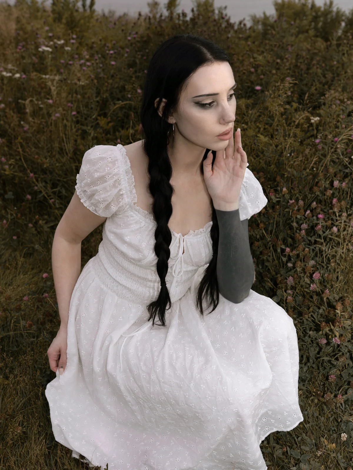 White 1940s Solid Cotton Embroidered Lace Dress