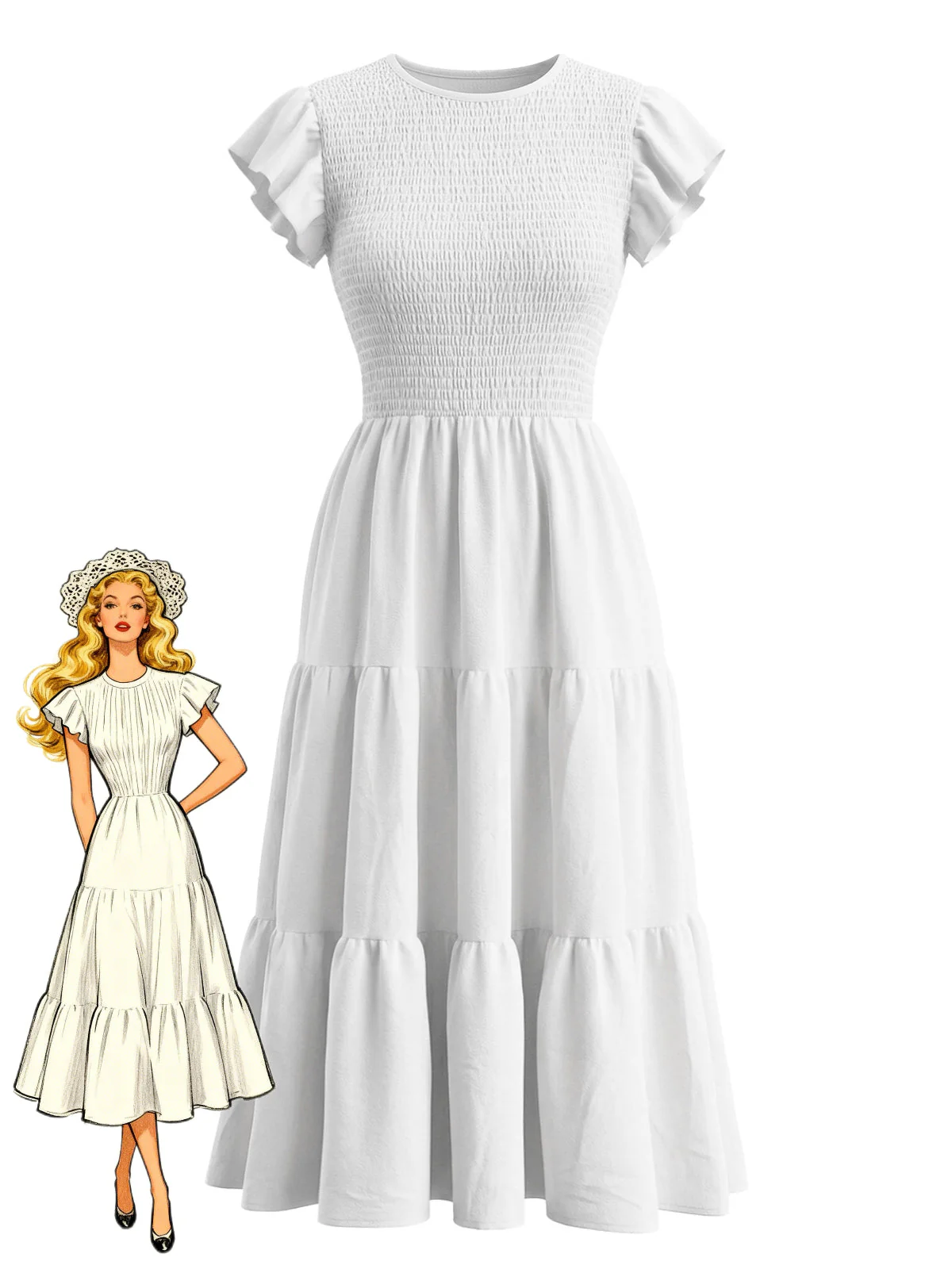 White 1940s Solid Flutter Sleeve Tiered Smocked Dress