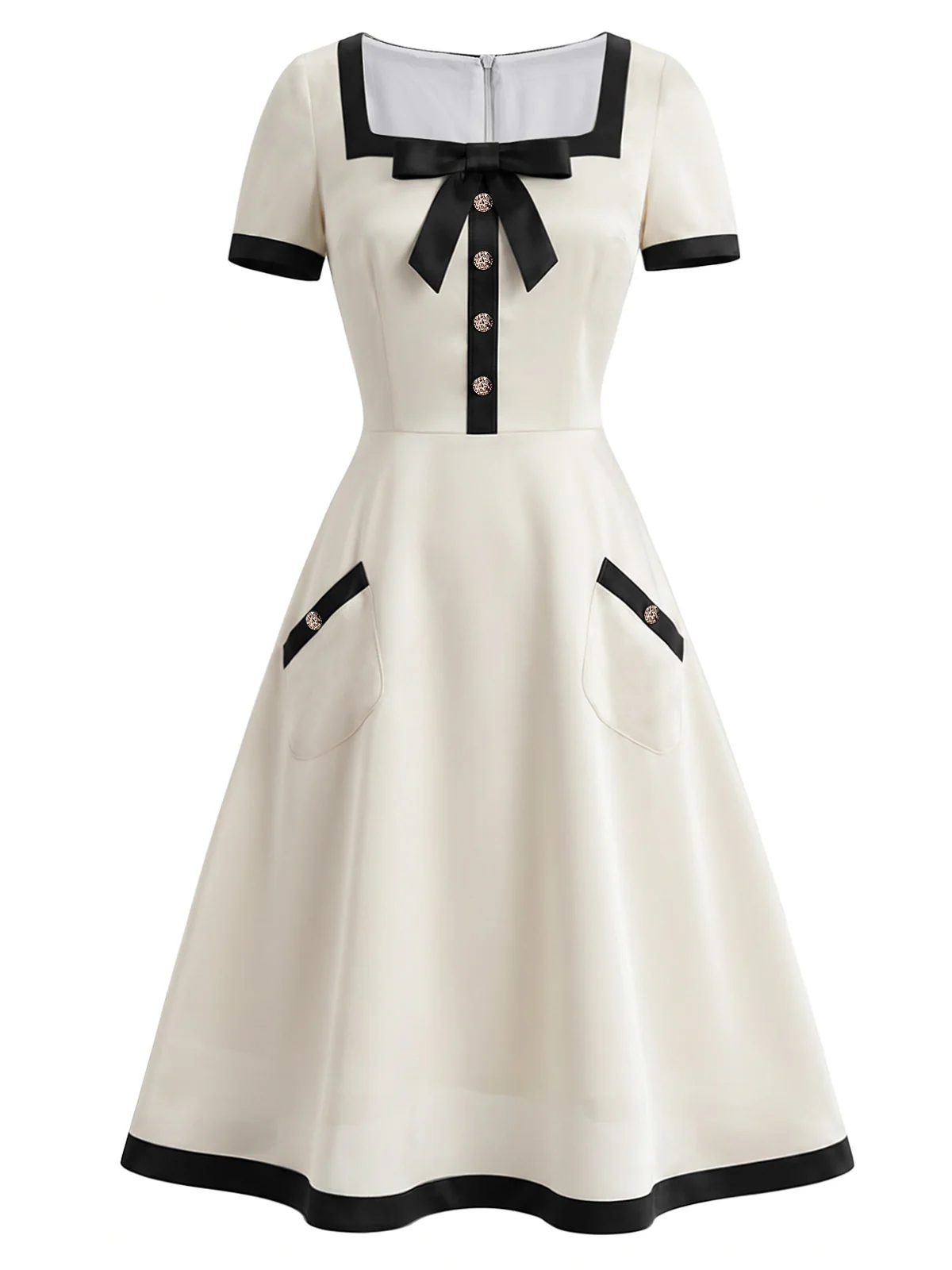 [Pre-Sale] White 1940s Square Neck Bowknot Contrast Trim A-Line Dress - Image 2