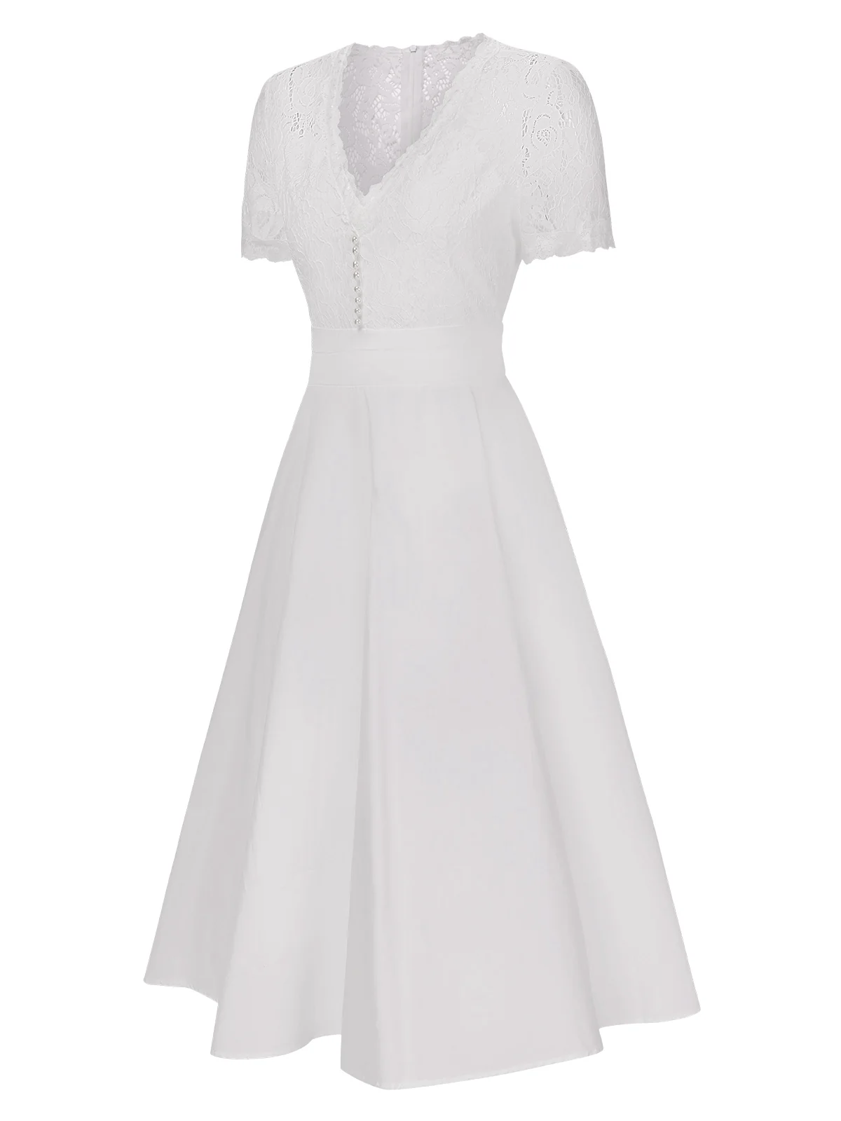 White 1940s V-Neck Lace Patchwork Dress - Image 2