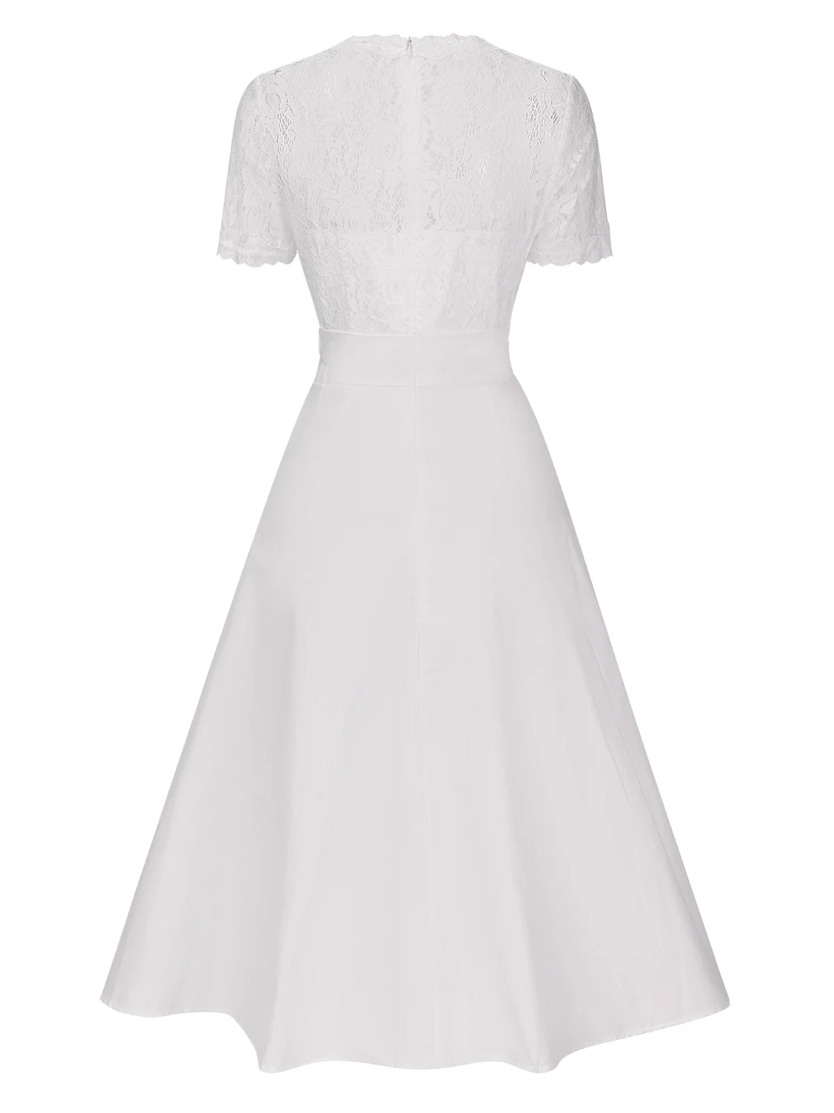 White 1940s V-Neck Lace Patchwork Dress - Image 3