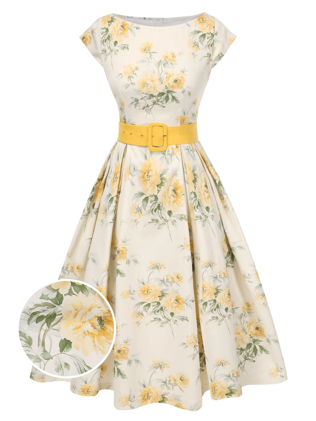 Yellow 1950s Boat Neck Antique Floral Dress - Image 3