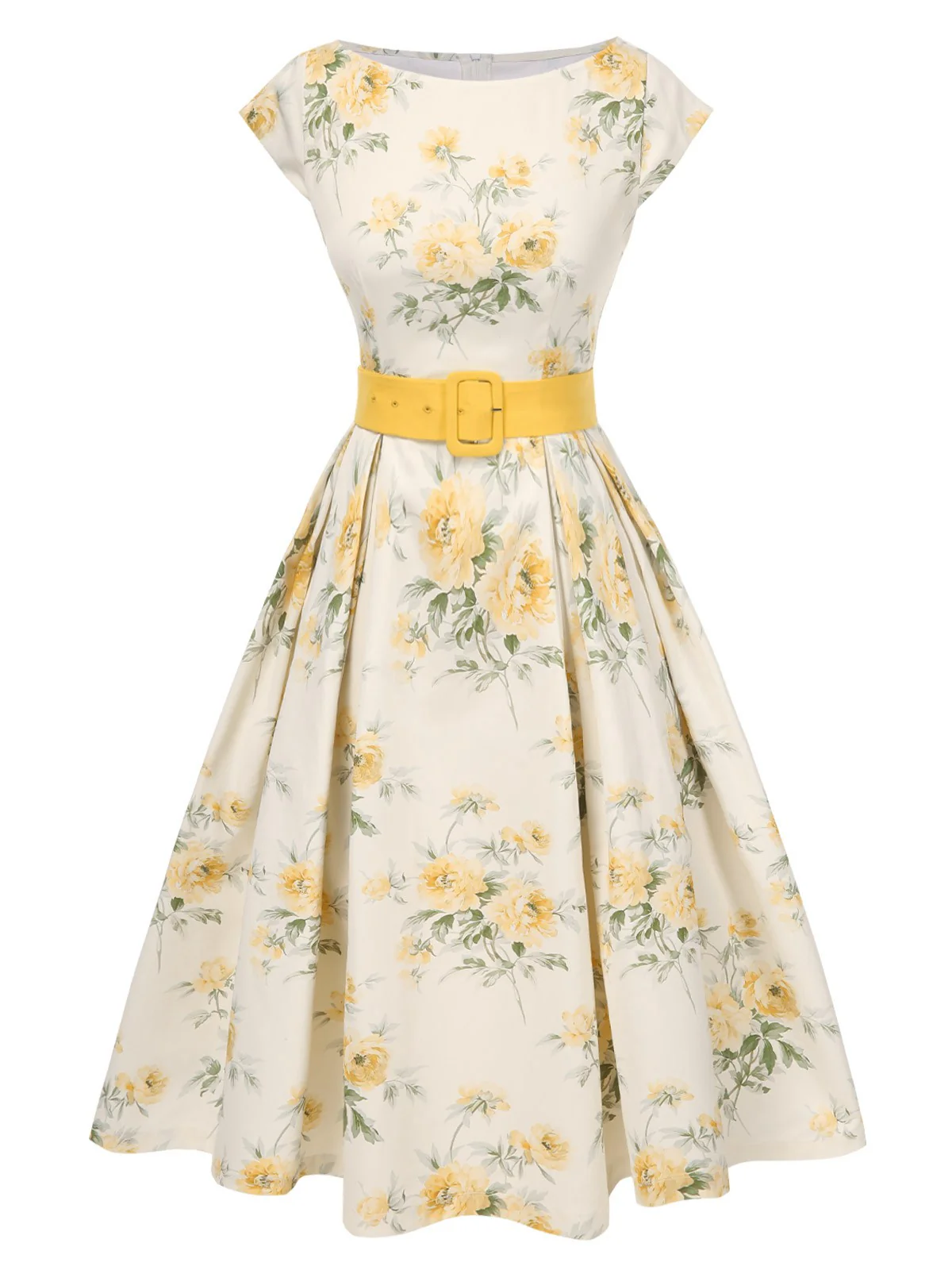 Yellow 1950s Boat Neck Antique Floral Dress - Image 4