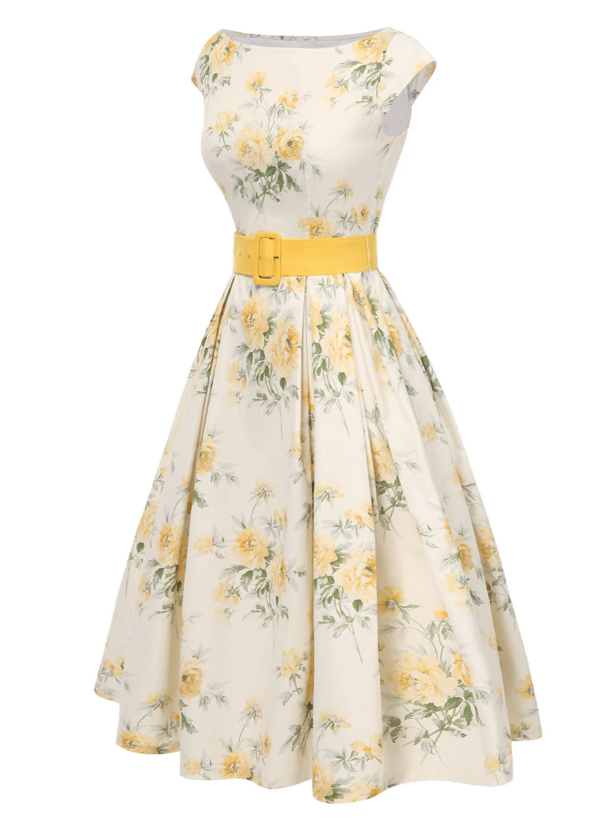 Yellow 1950s Boat Neck Antique Floral Dress - Image 5