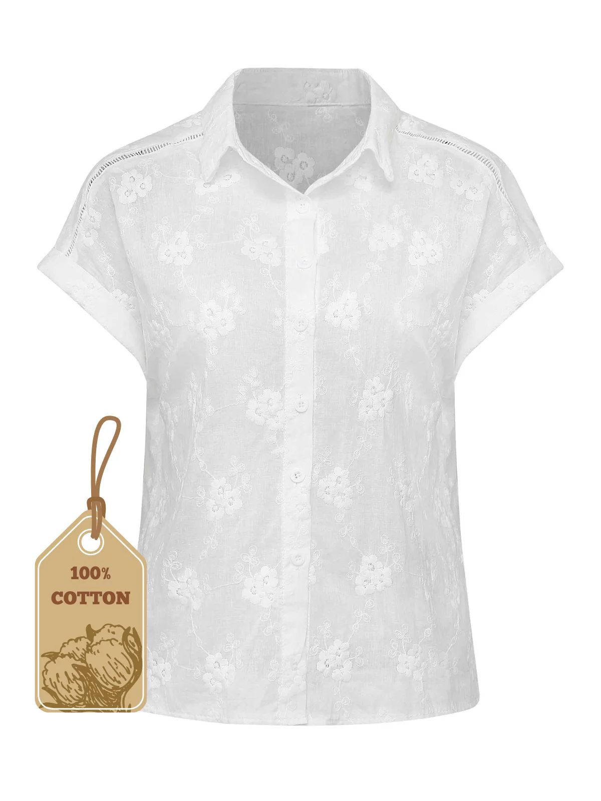 White 1950s Cotton Embroidery Flower Lapel Blouse