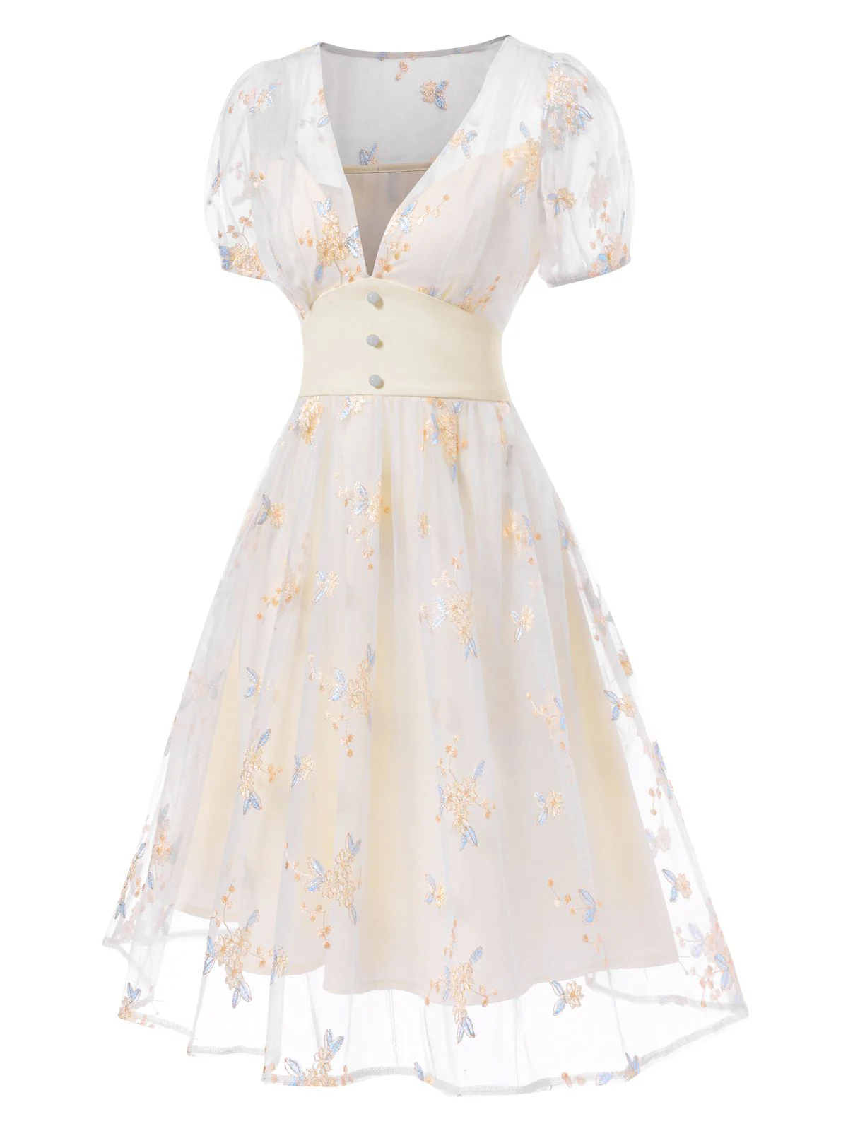 White 1950s Deep V-Neck Embroidered Floral Dress - Image 3