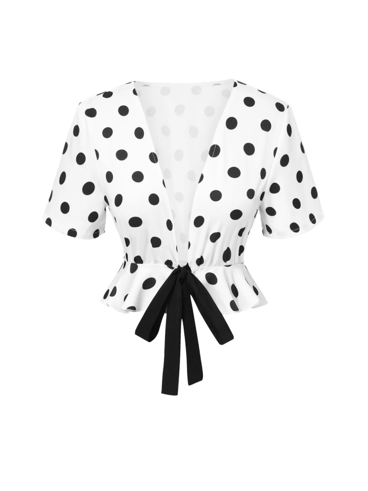 White 1950s Deep V-Neck Polka Dots Top - Image 2