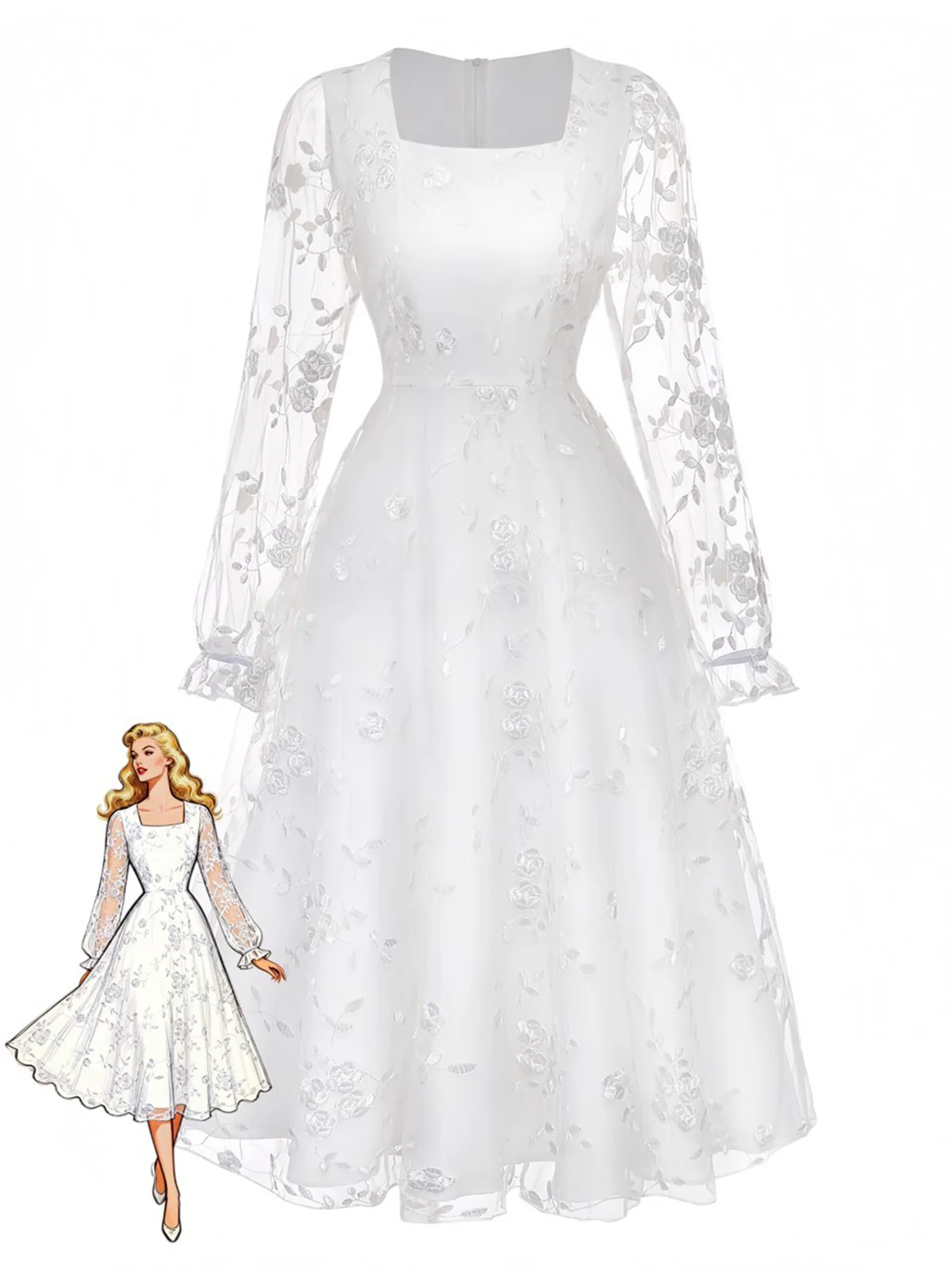 White 1950s Floral Embroidered Lace Square Neck Dress