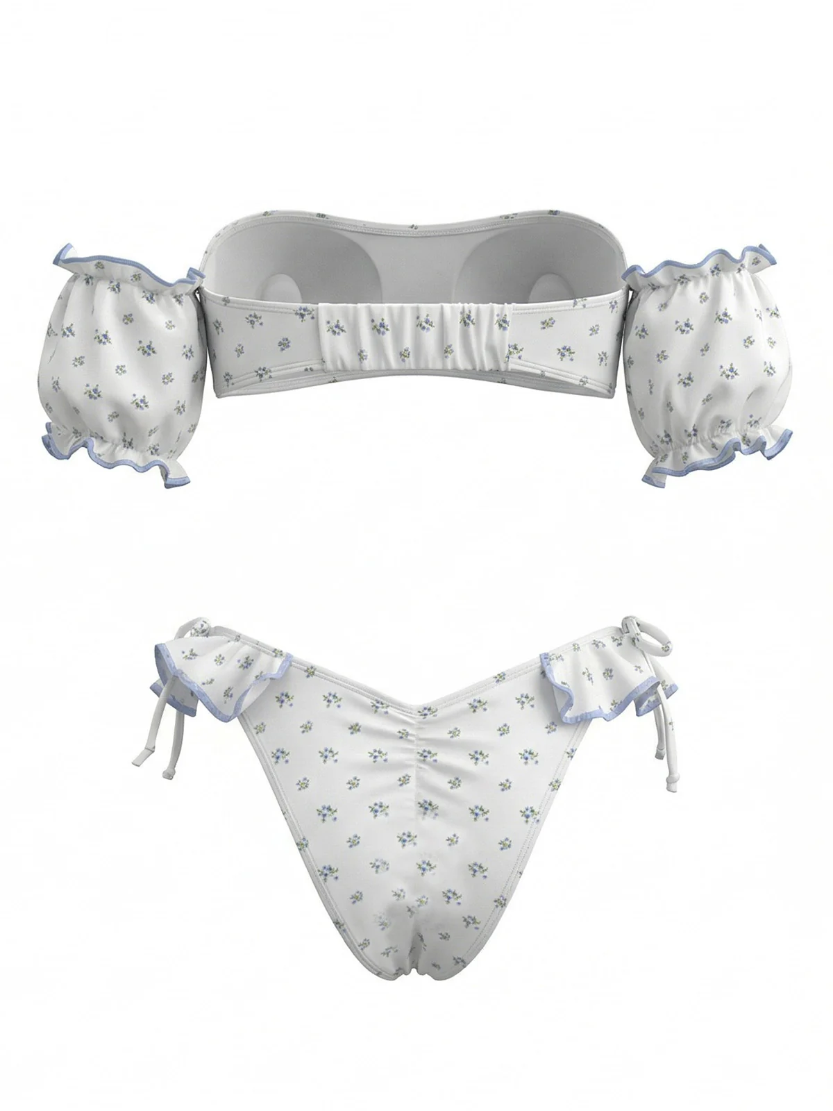 White 1950s Floral Off Shoulder Puff Sleeve Bikini Set - Image 3