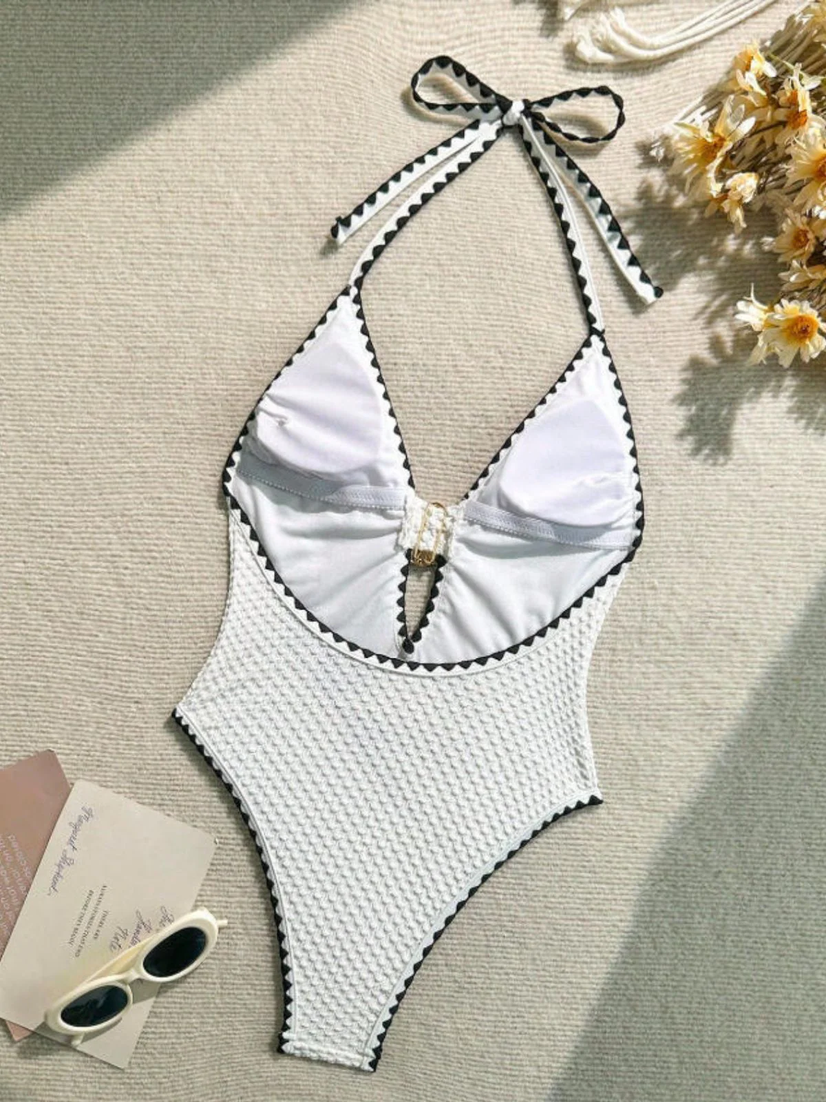 White 1950s Halter Metallic Decor Textured One-Piece Swimsuit - Image 3