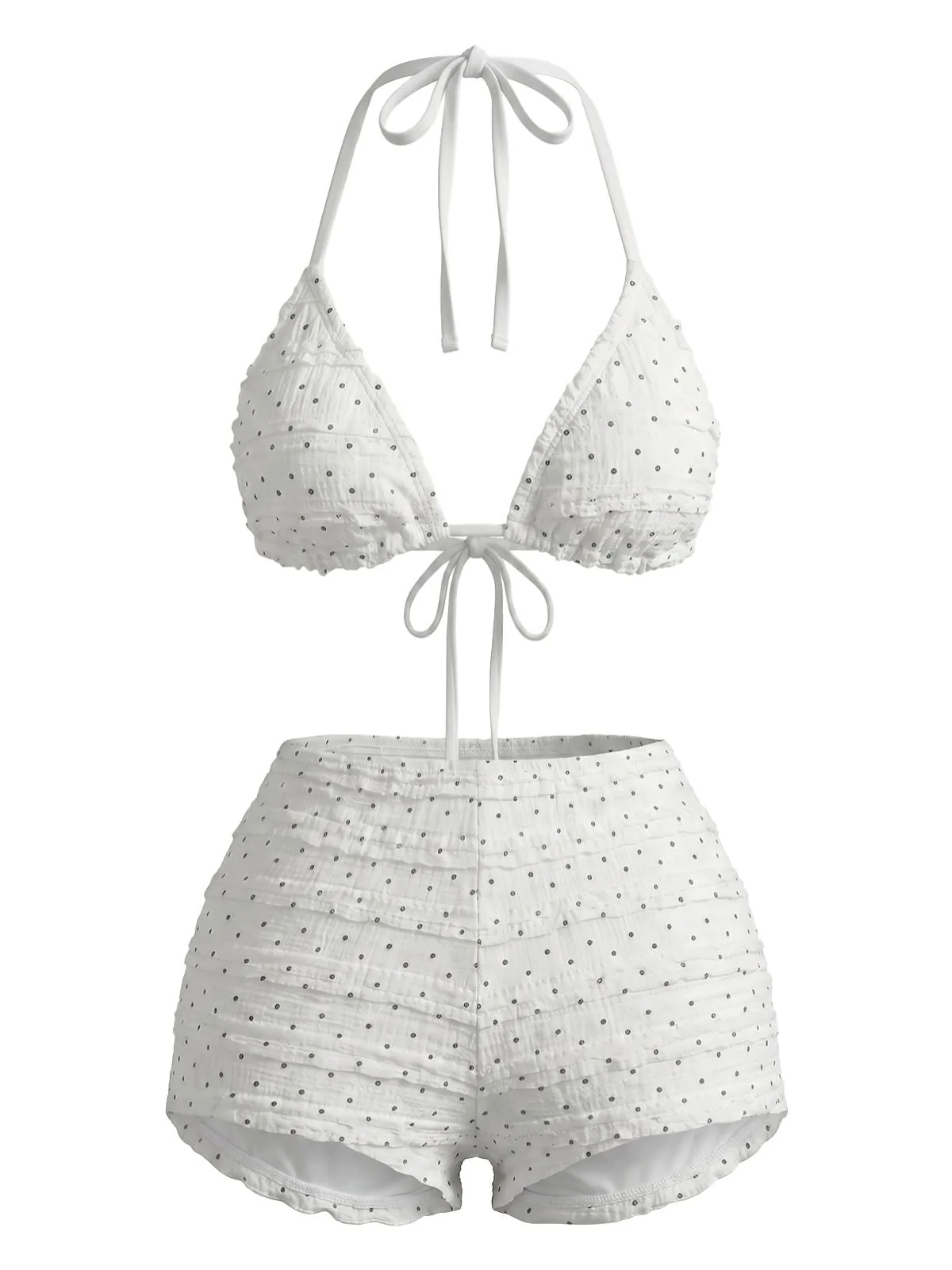 White 1950s Halter Polka Dot Ruched Bikini Set