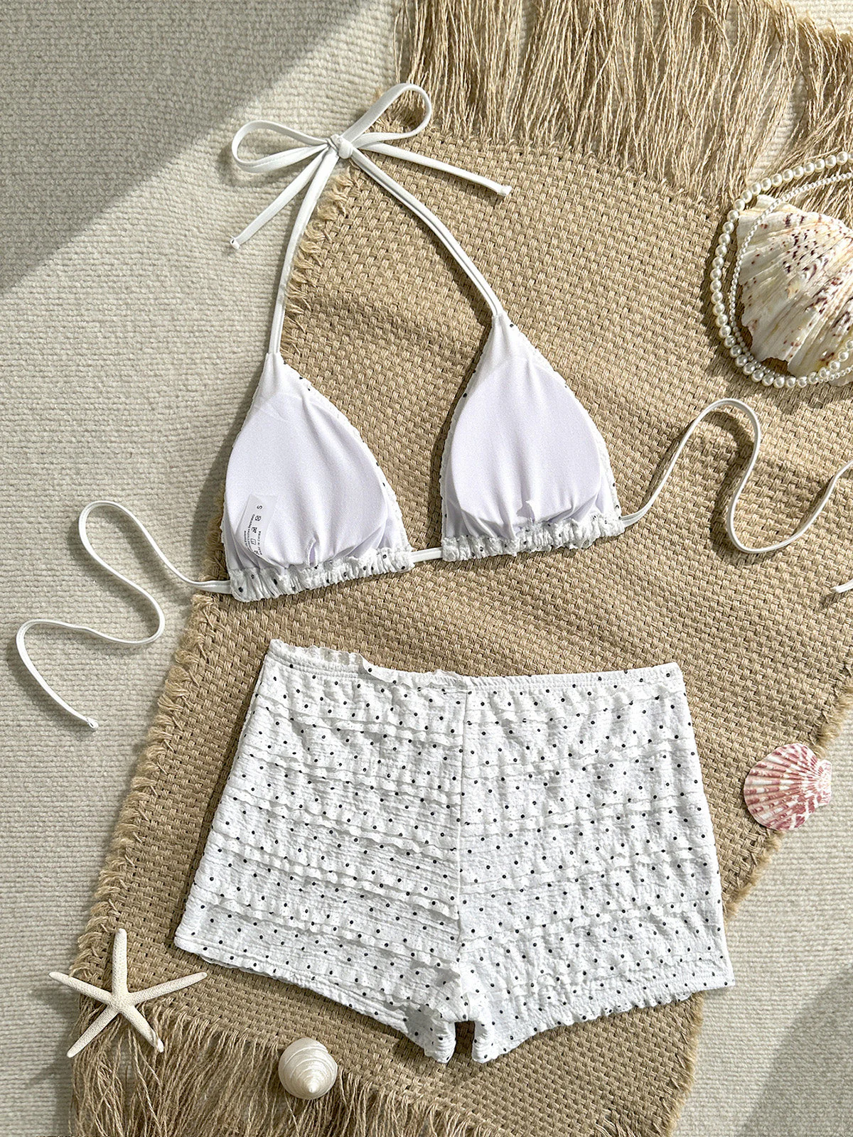 White 1950s Halter Polka Dot Ruched Bikini Set - Image 7
