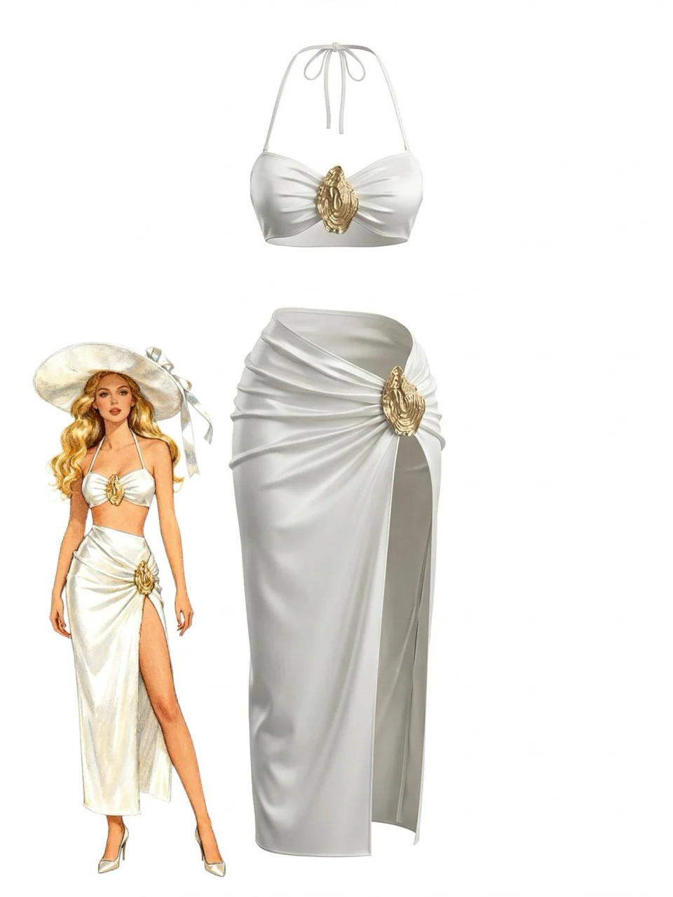 White 1950s Halter Satin Hardware Ruched Bikini Set & Cover-up