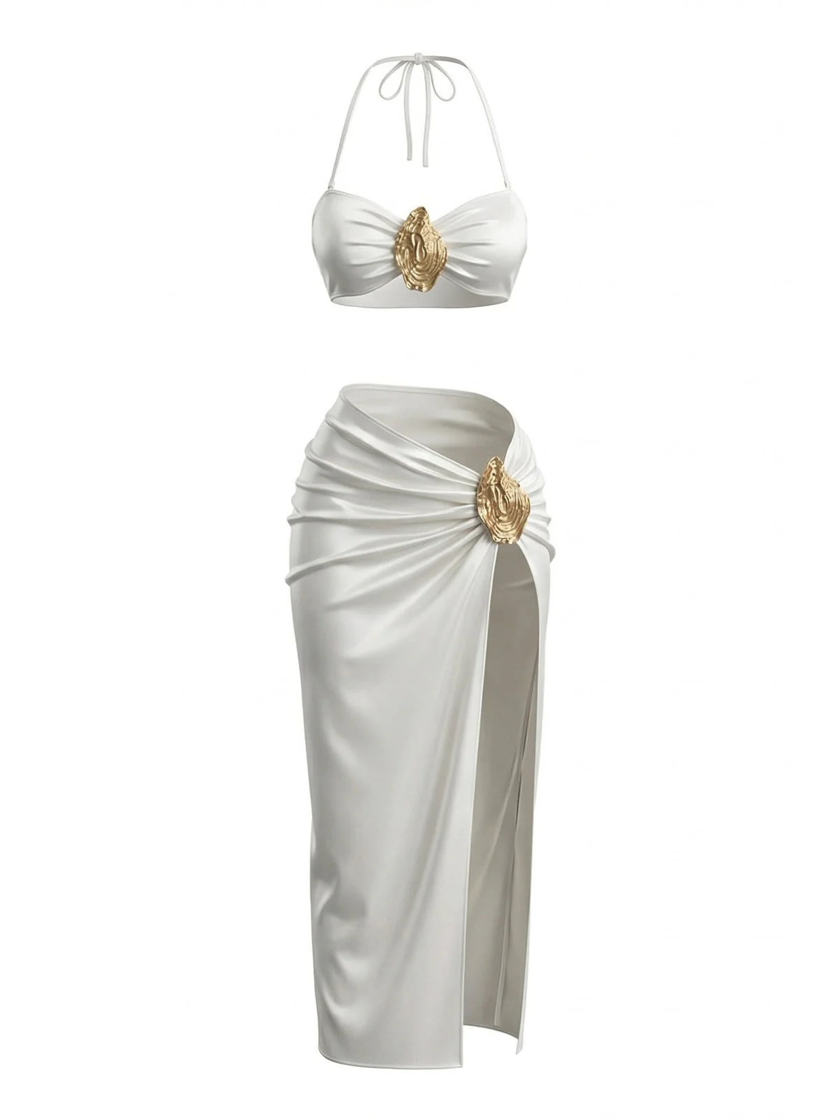 White 1950s Halter Satin Hardware Ruched Bikini Set & Cover-up - Image 2