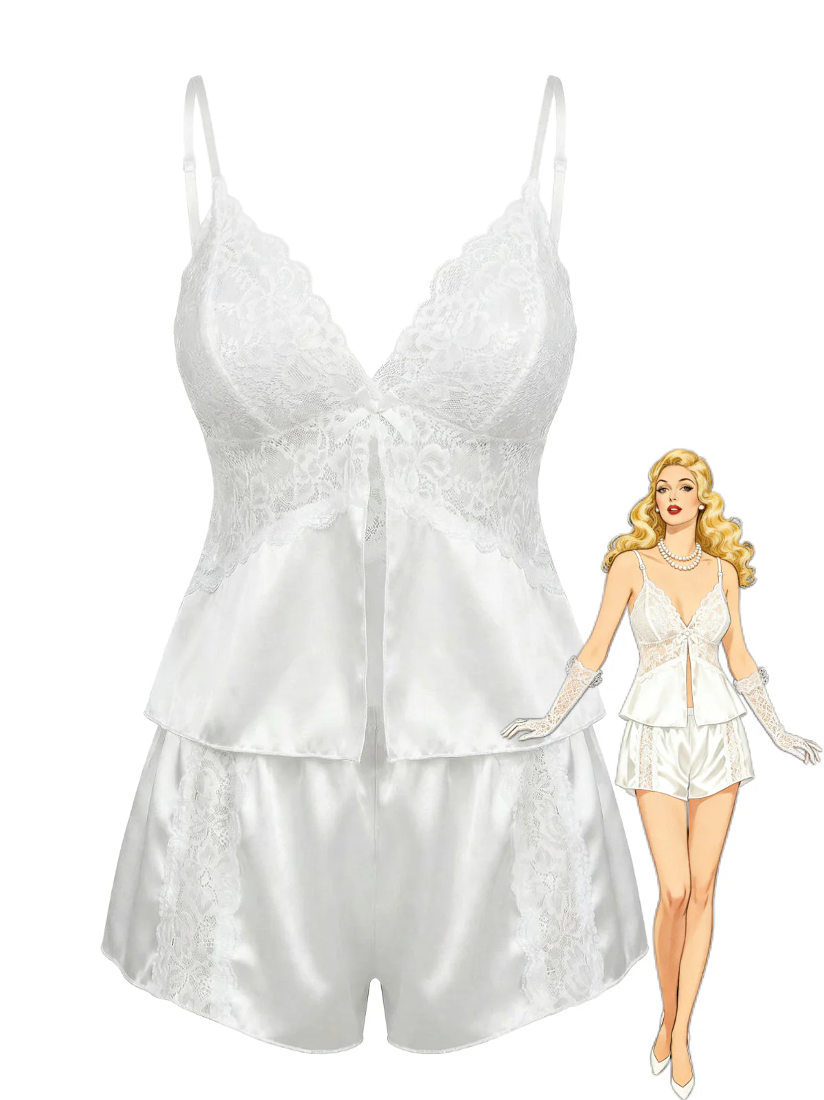 White 1950s Lace Satin Camisole Pajama Set