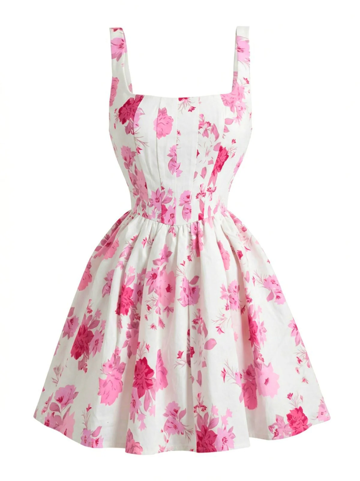 White 1950s Pink Floral Square-Neck Sleeveless Mini Dress