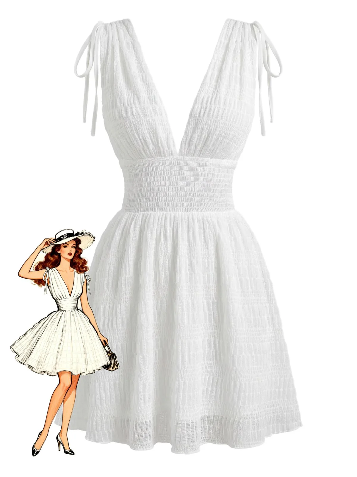 White 1950s Plunging Smocked Waist Textured Sleeveless Dress