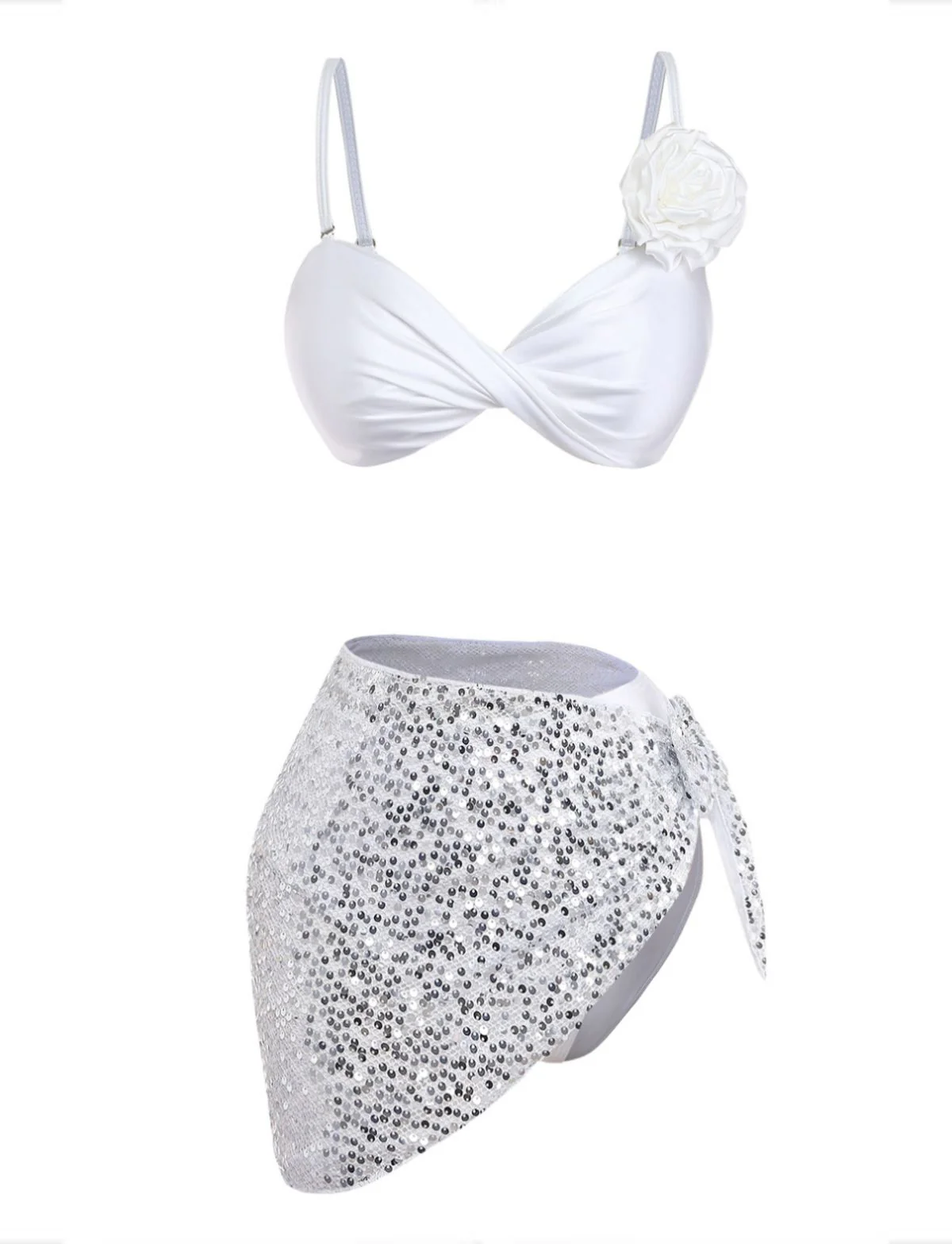 White 1950s Rose Satin-Finish Bikini Set & Cover-Up - Image 2