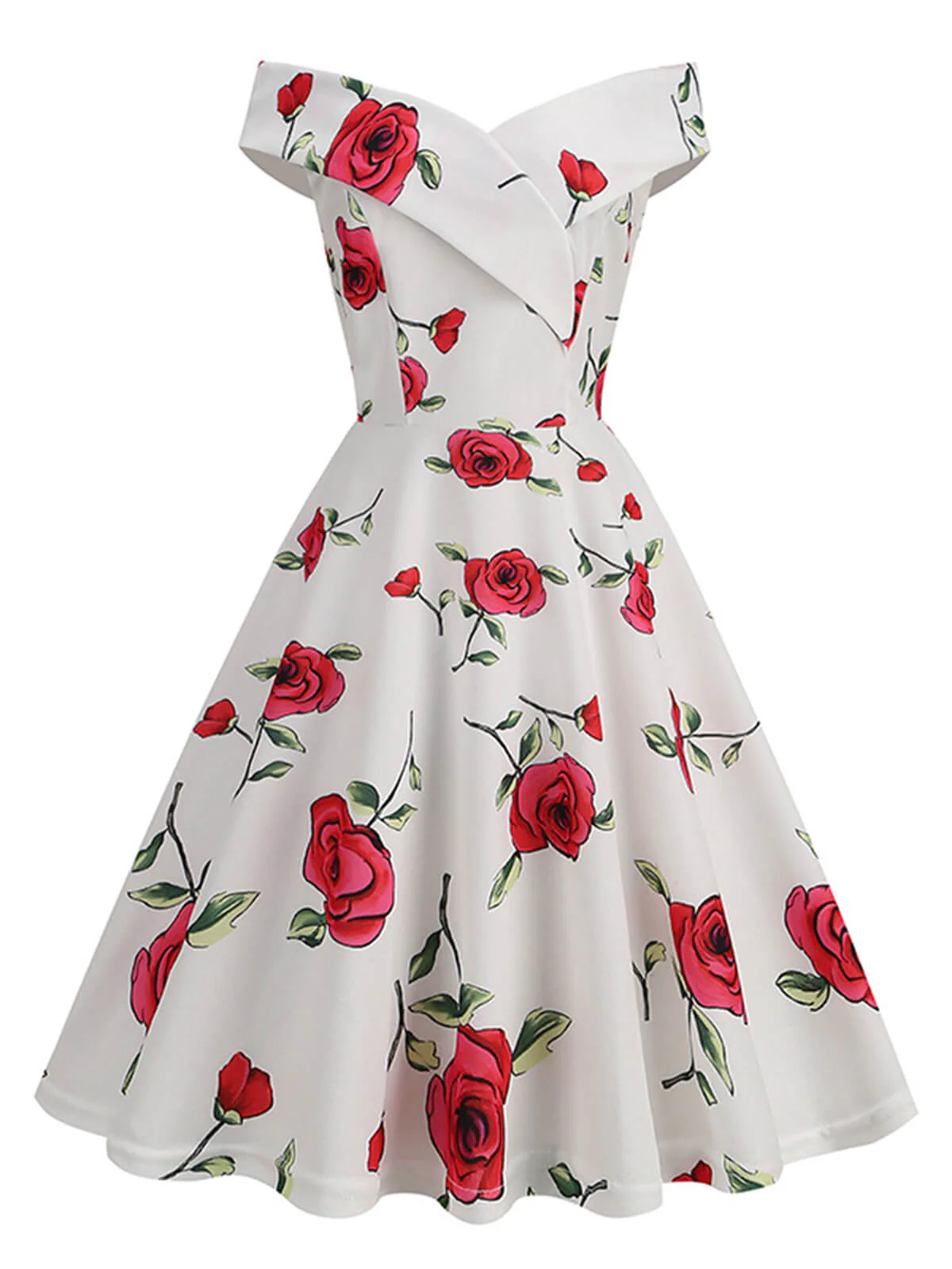 White 1950s Roses Off-Shoulder Dress