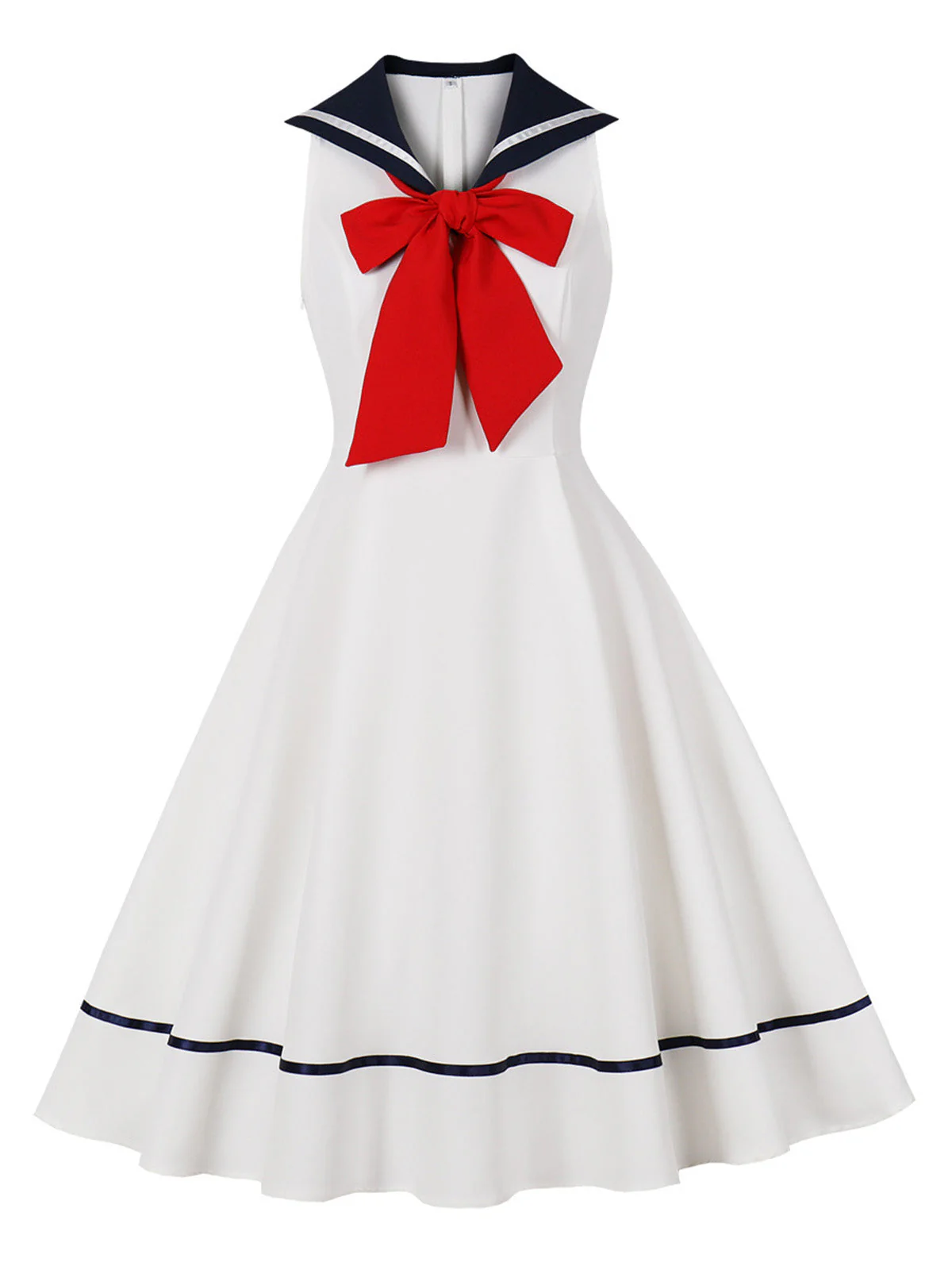 White 1950s Sailor Red Bow Sleeveless Swing Dress