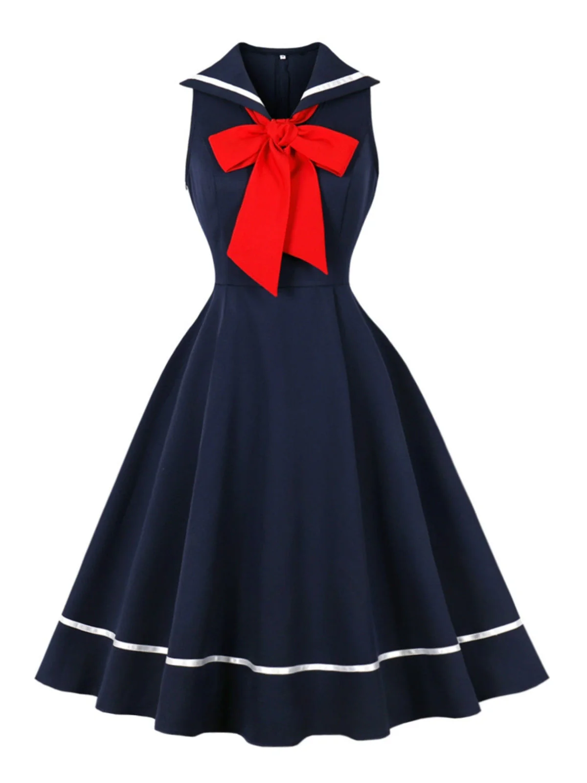 White 1950s Sailor Red Bow Sleeveless Swing Dress - Image 4