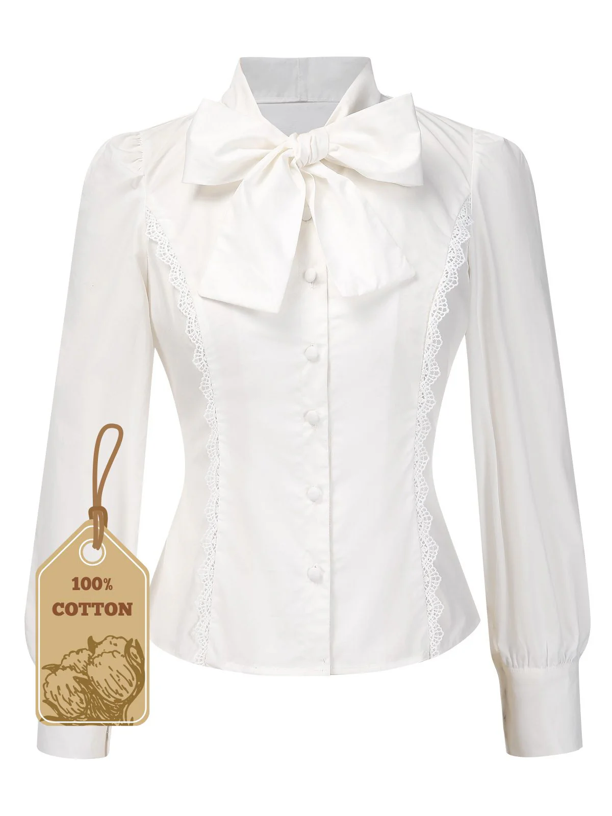 White 1950s Solid Cotton Tie-Neck Bow Blouse