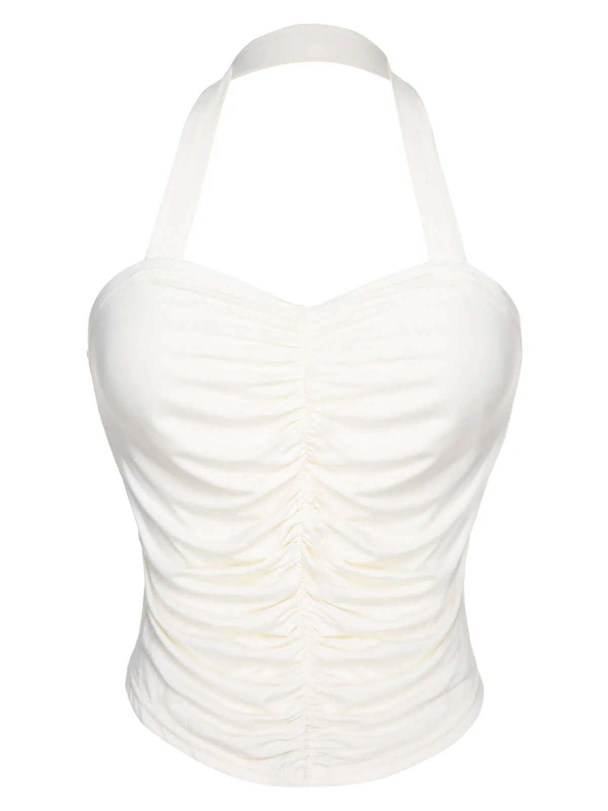 White 1950s Solid Pleated Halter Top - Image 2