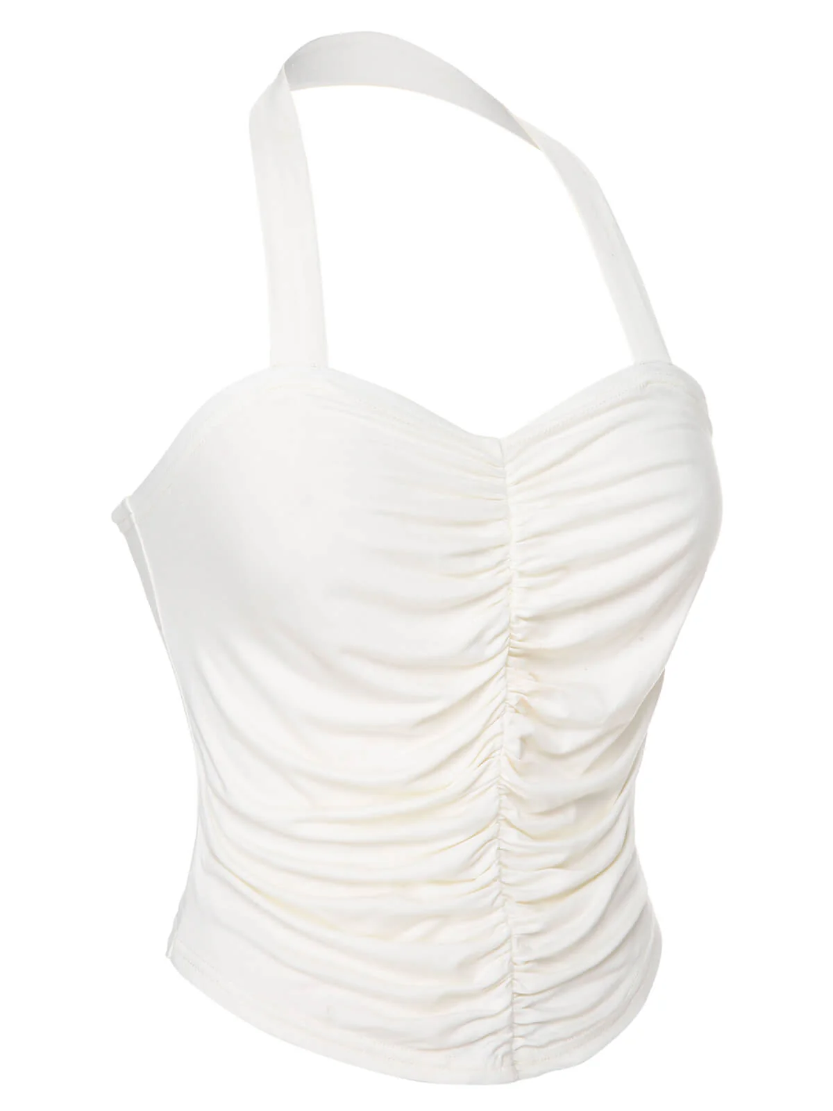 White 1950s Solid Pleated Halter Top - Image 3