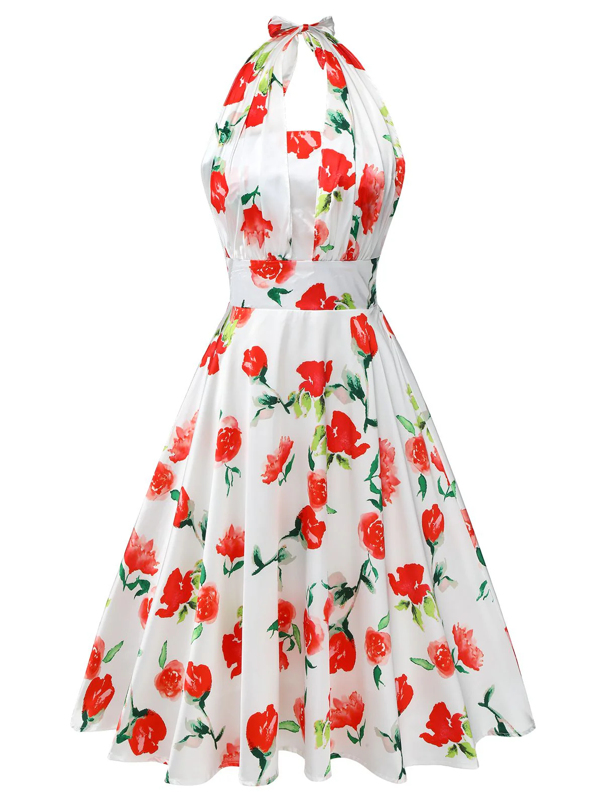 White 1950s Watercolor Rose Halter Dress - Image 2