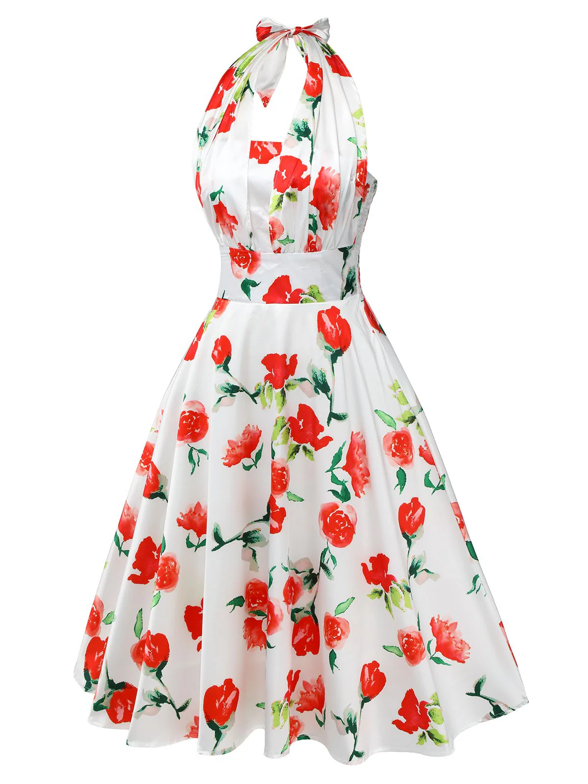 White 1950s Watercolor Rose Halter Dress - Image 3