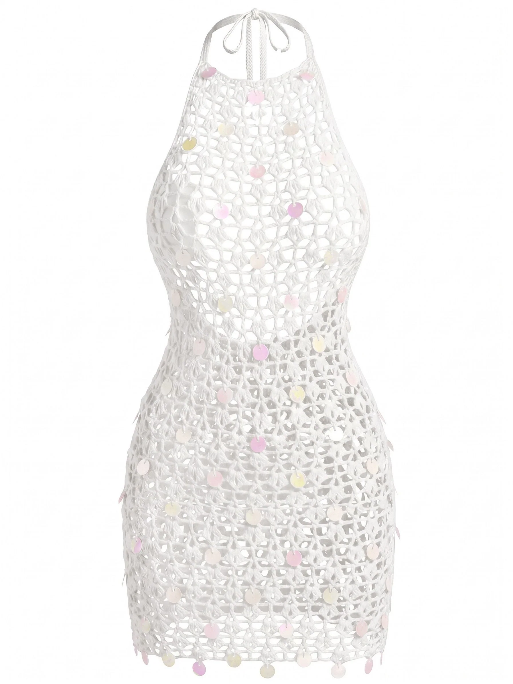 White 1960s Halter Sequin Crochet Hollow Out Cover-up