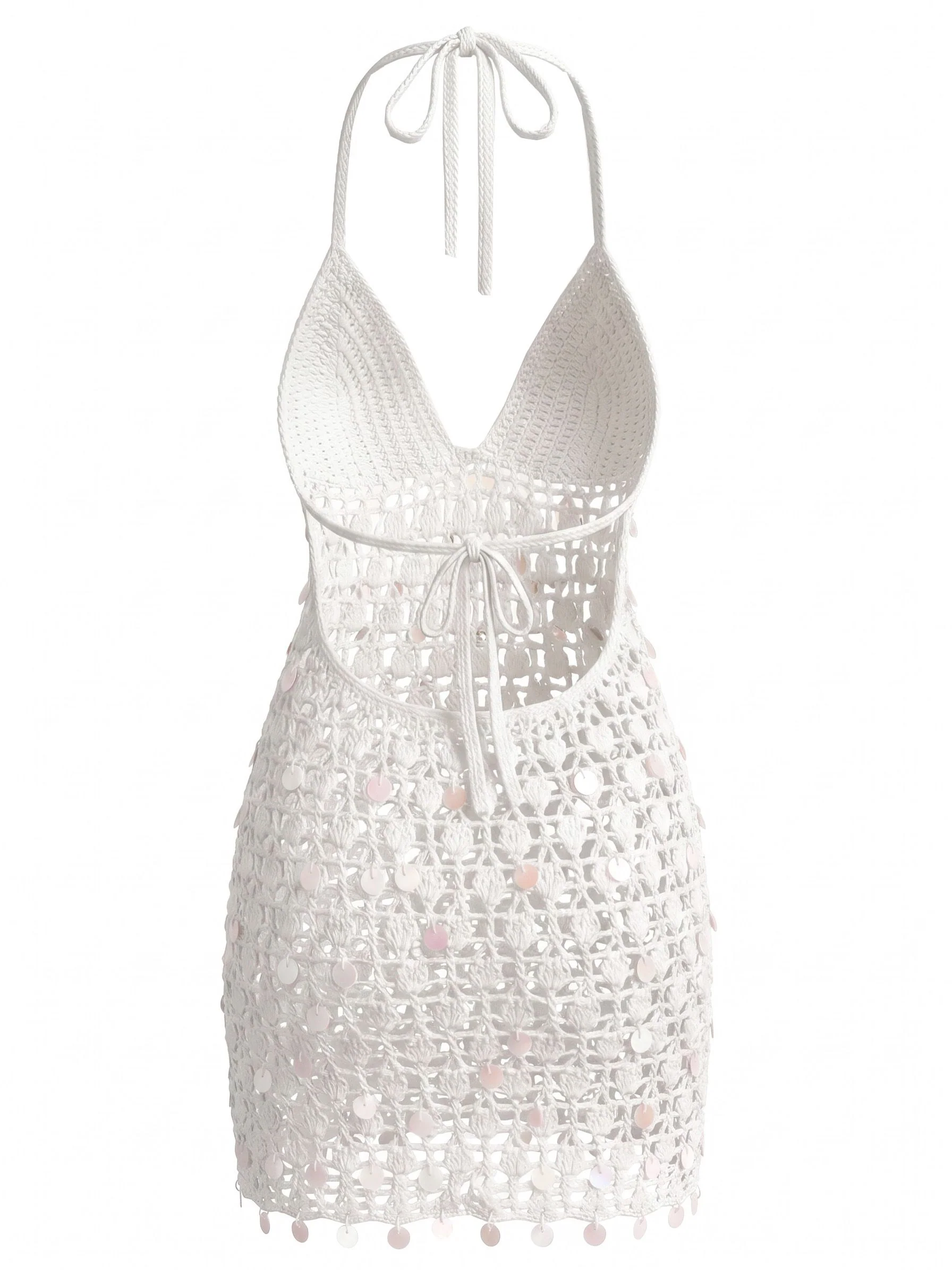 White 1960s Halter Sequin Crochet Hollow Out Cover-up - Image 3