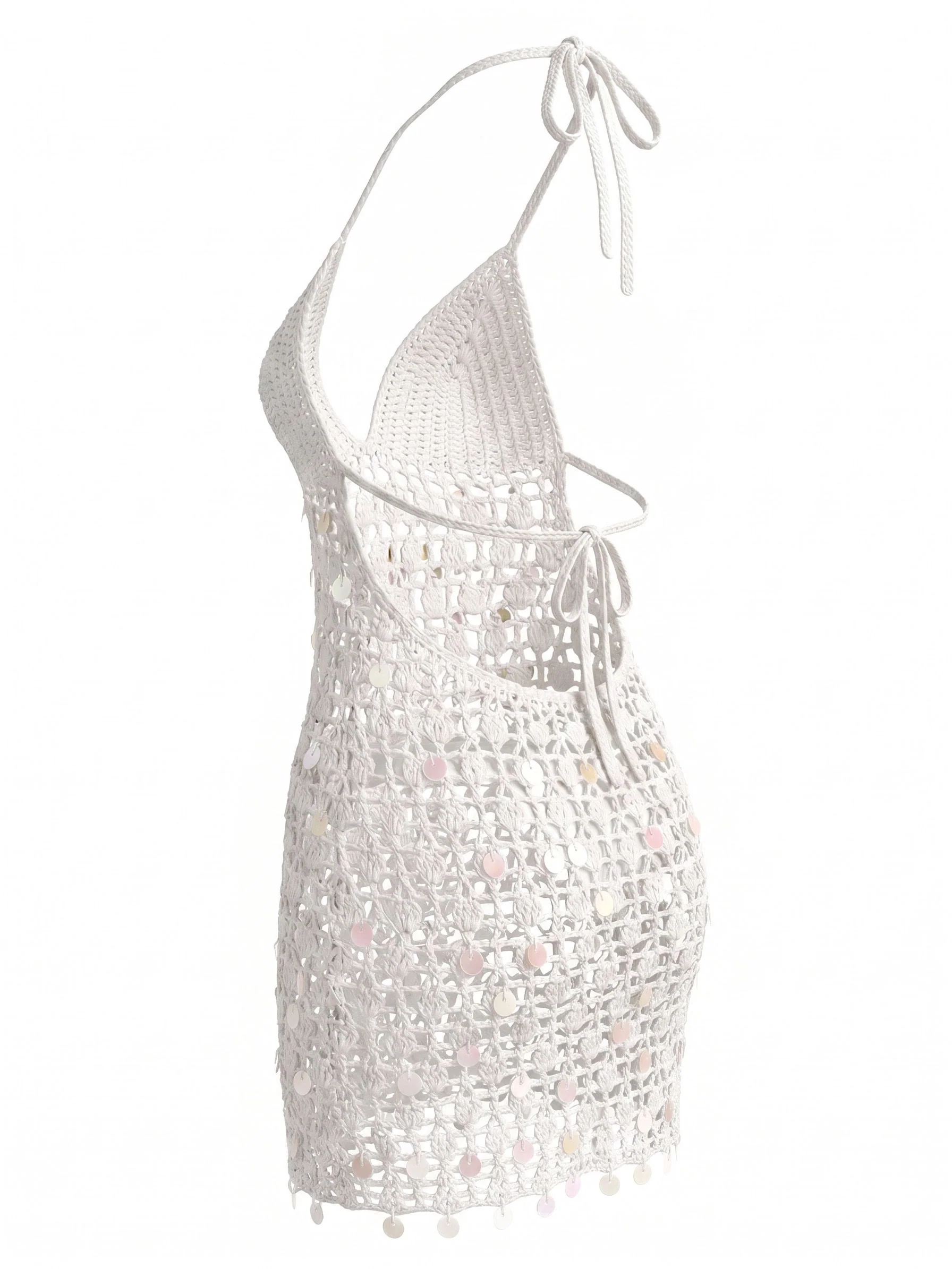 White 1960s Halter Sequin Crochet Hollow Out Cover-up - Image 4