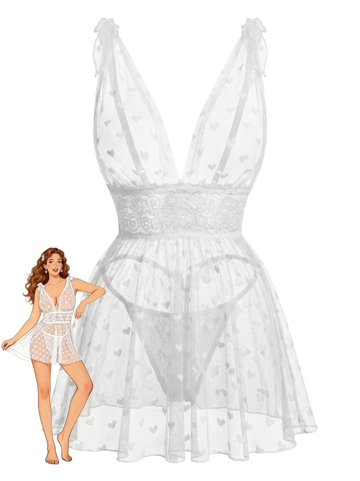White 1960s Heart Dot Sheer Lace Sleepwear Set