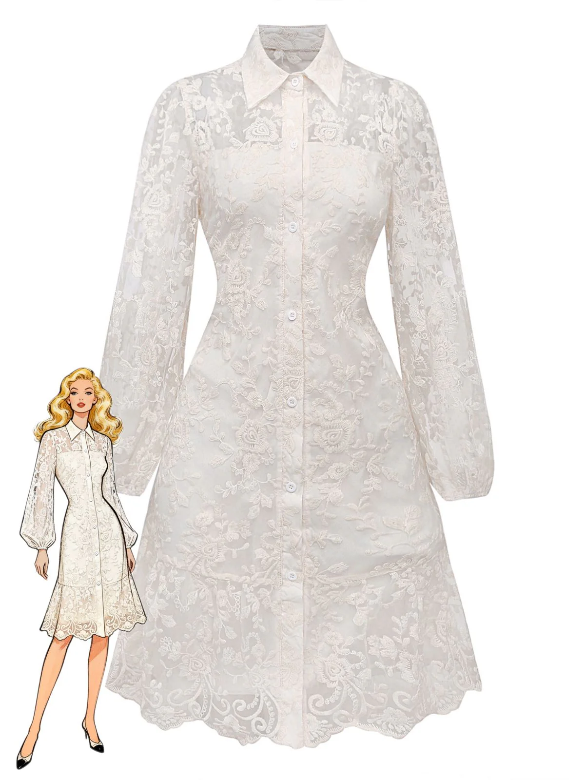 White 1960s Solid Pure Cotton Lace Dress