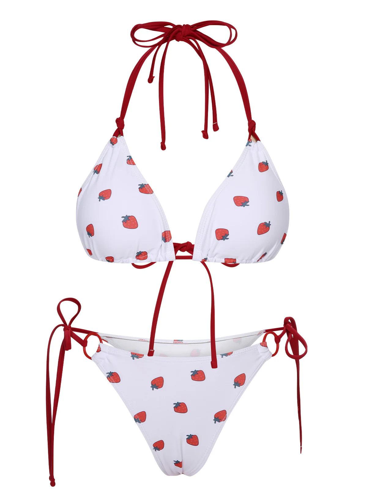 White 1960s Strawberry Lace-Up Halter Bikini Set