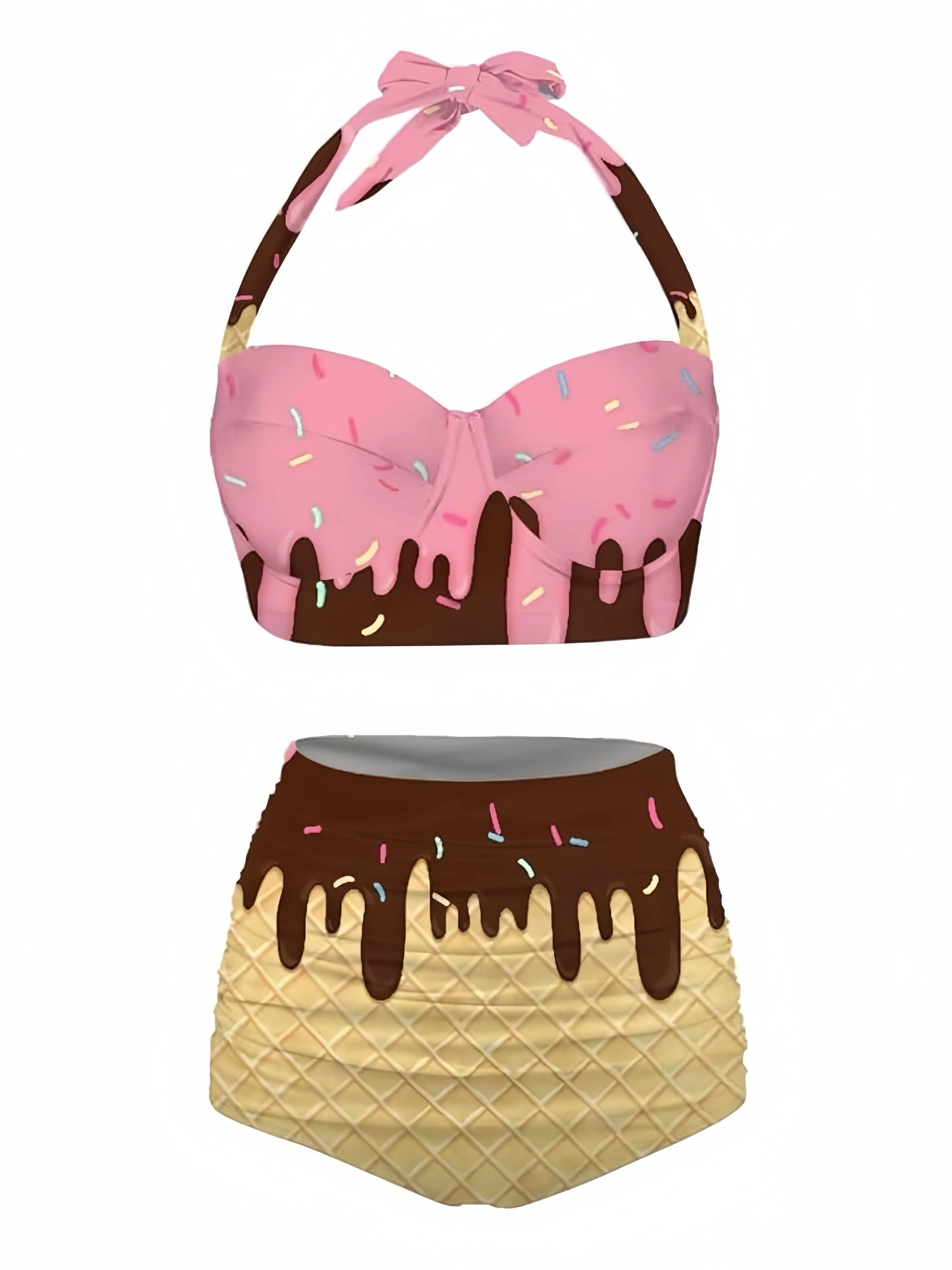 White 1970s Halter Ice-Cream Cone High-Waist Bikini - Image 3