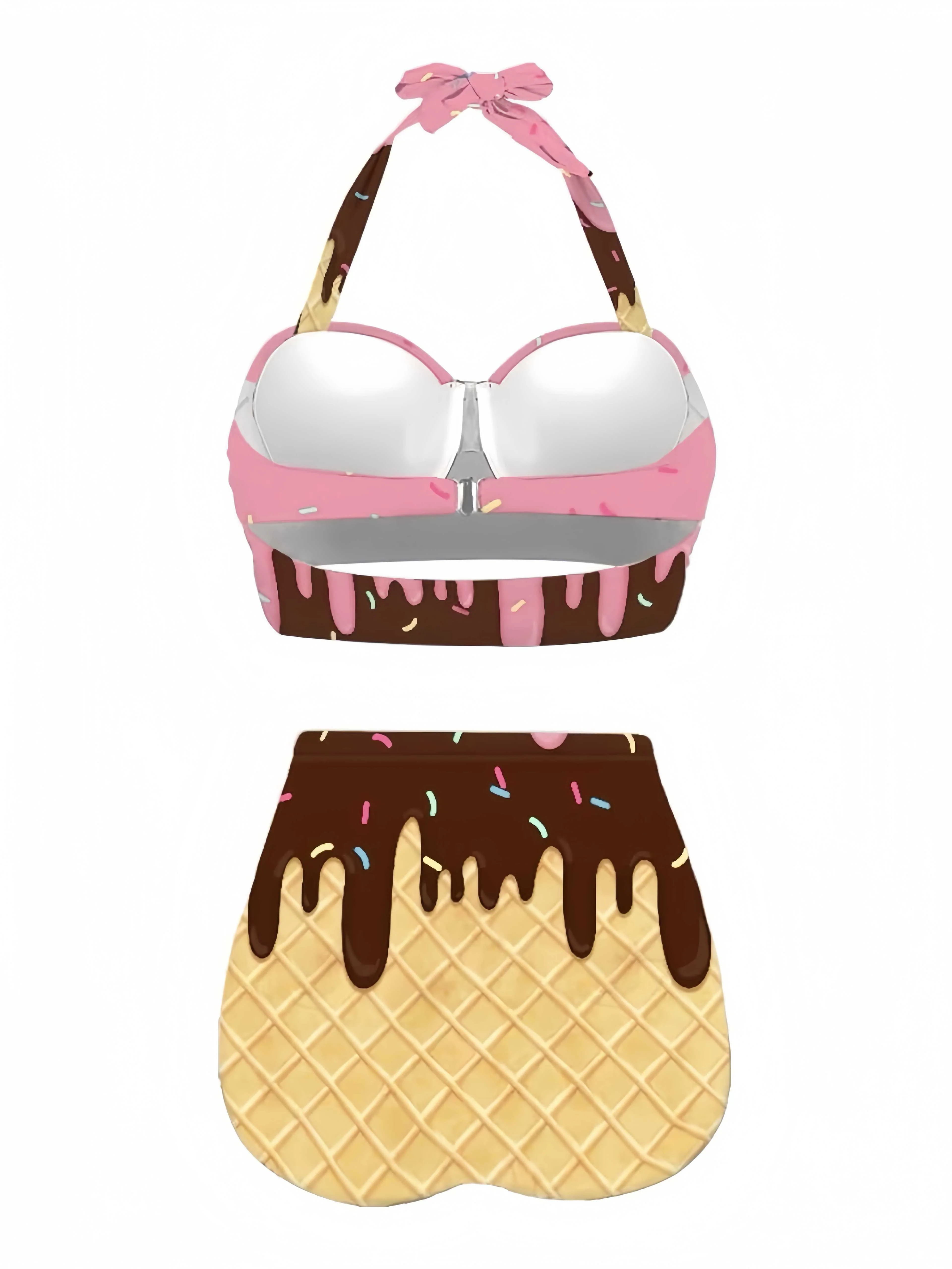 White 1970s Halter Ice-Cream Cone High-Waist Bikini - Image 4