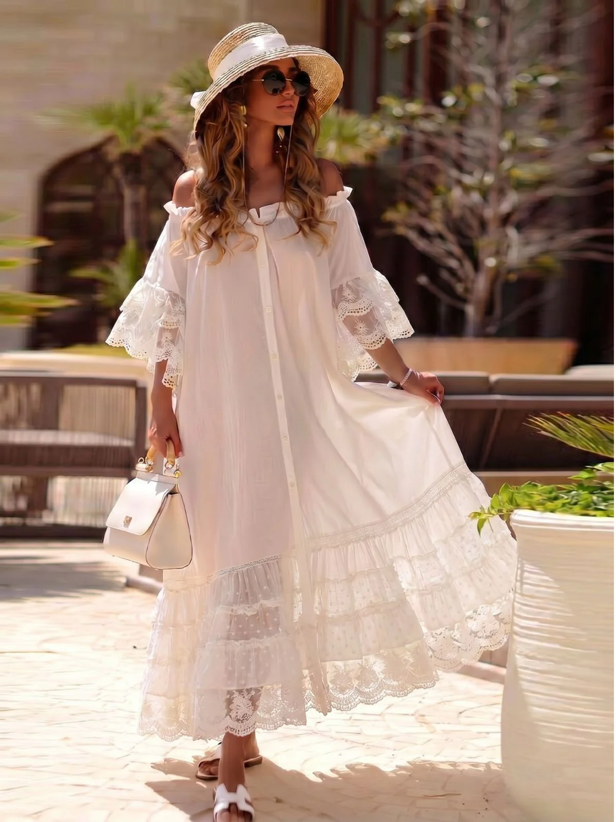 White 1970s Off-Shoulder Lace Tiered  Boho Dress