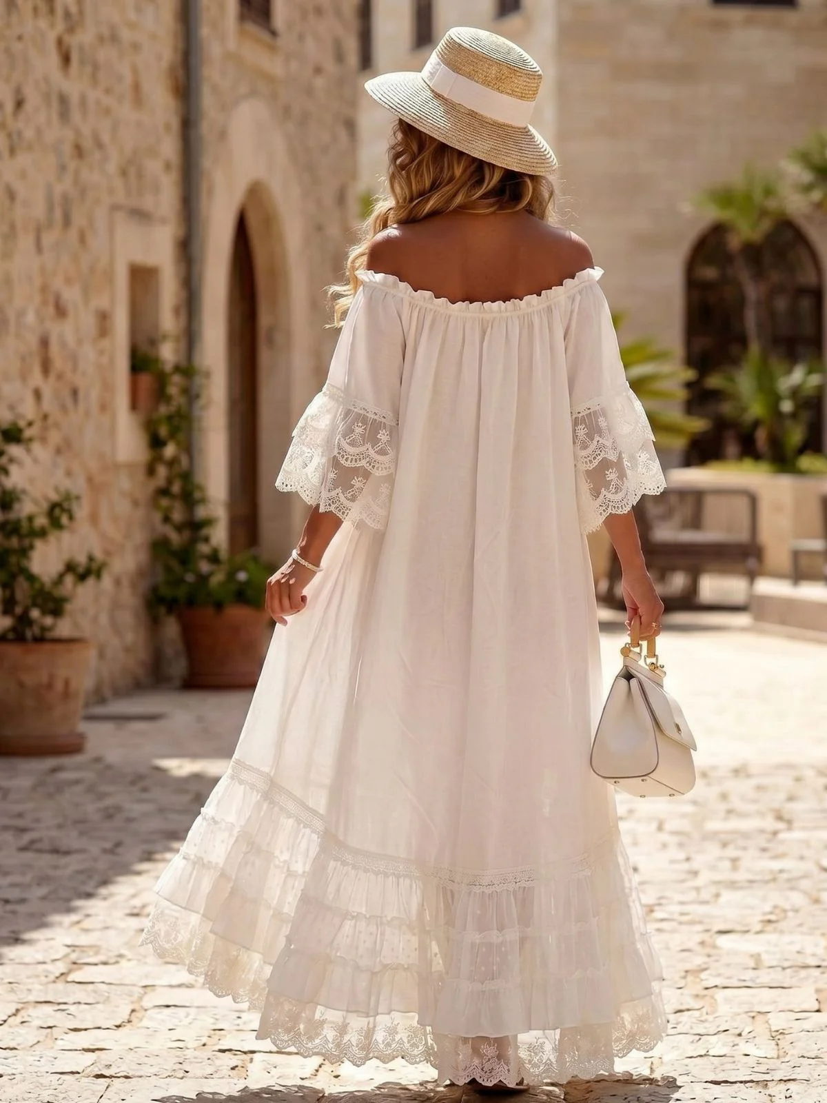 White 1970s Off-Shoulder Lace Tiered  Boho Dress - Image 2