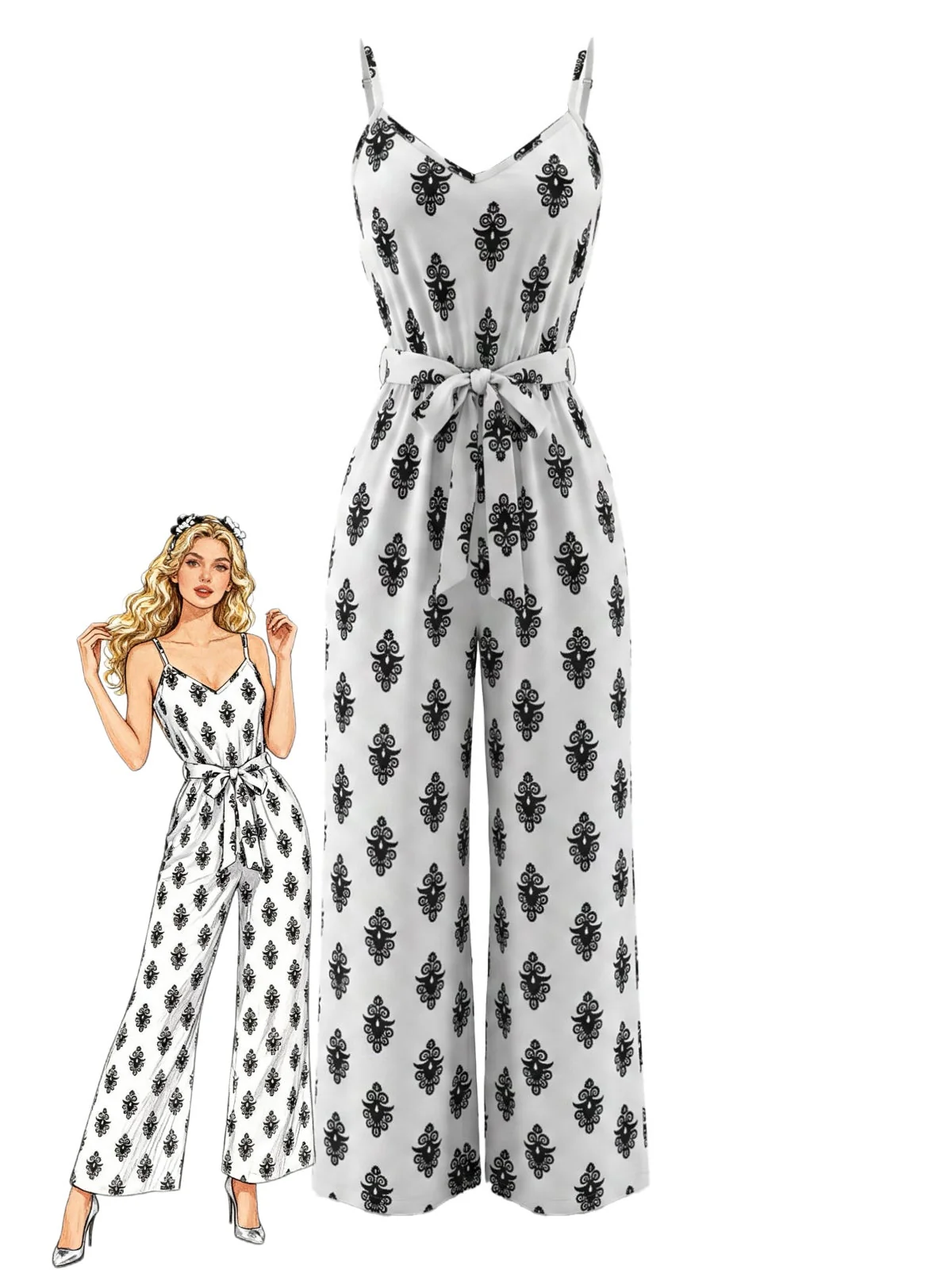White 1970s V-Neck Damask Print Belted Jumpsuit