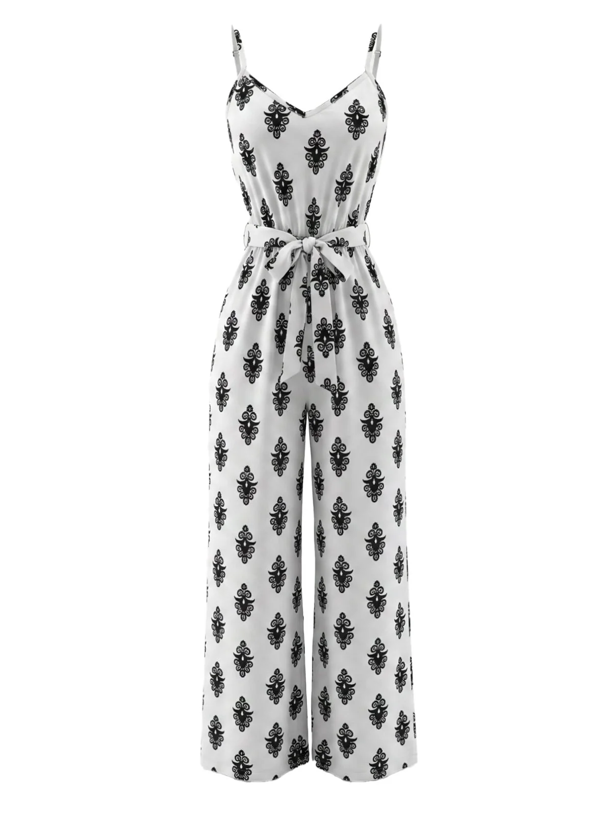 White 1970s V-Neck Damask Print Belted Jumpsuit - Image 2