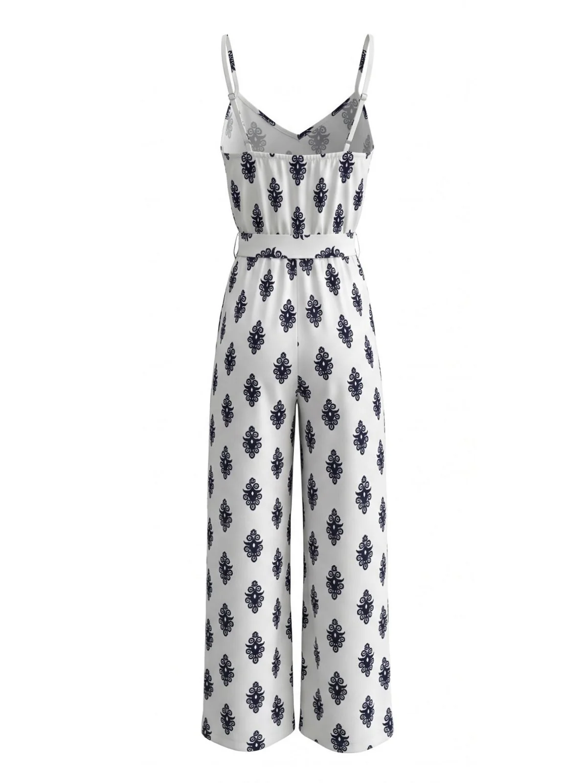 White 1970s V-Neck Damask Print Belted Jumpsuit - Image 3
