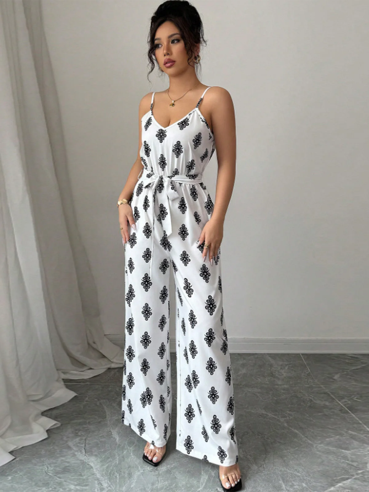 White 1970s V-Neck Damask Print Belted Jumpsuit - Image 4