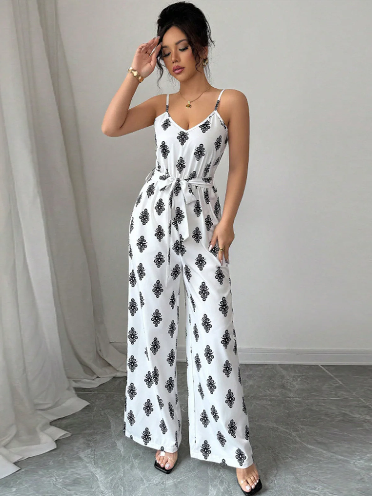 White 1970s V-Neck Damask Print Belted Jumpsuit - Image 5
